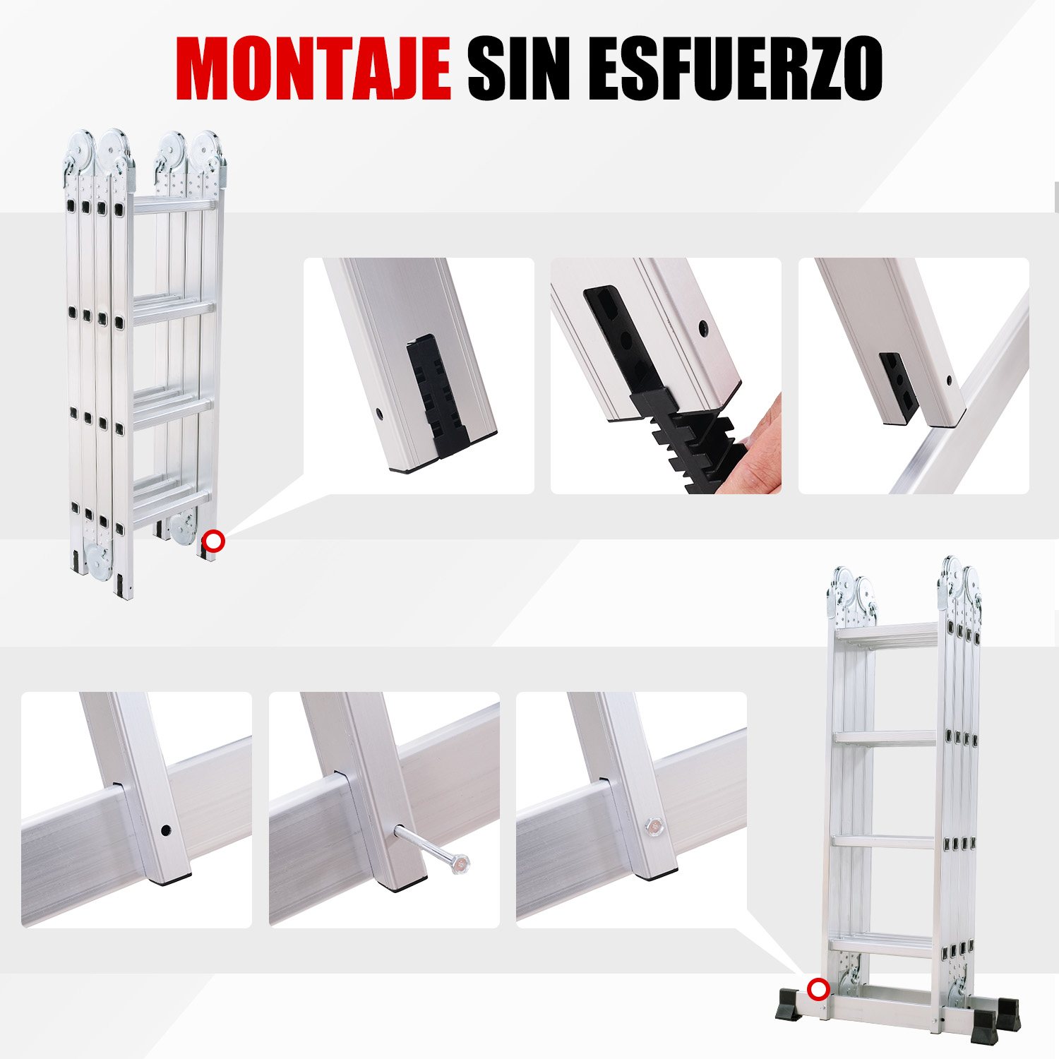 Una escalera plegable plateada con varios peldaños y primeros planos de sus puntos de montaje.