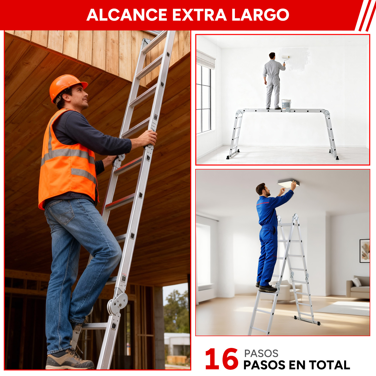 Hombre con chaleco naranja sube escalera. Dos escenas más muestran pintura y trabajo en techo.