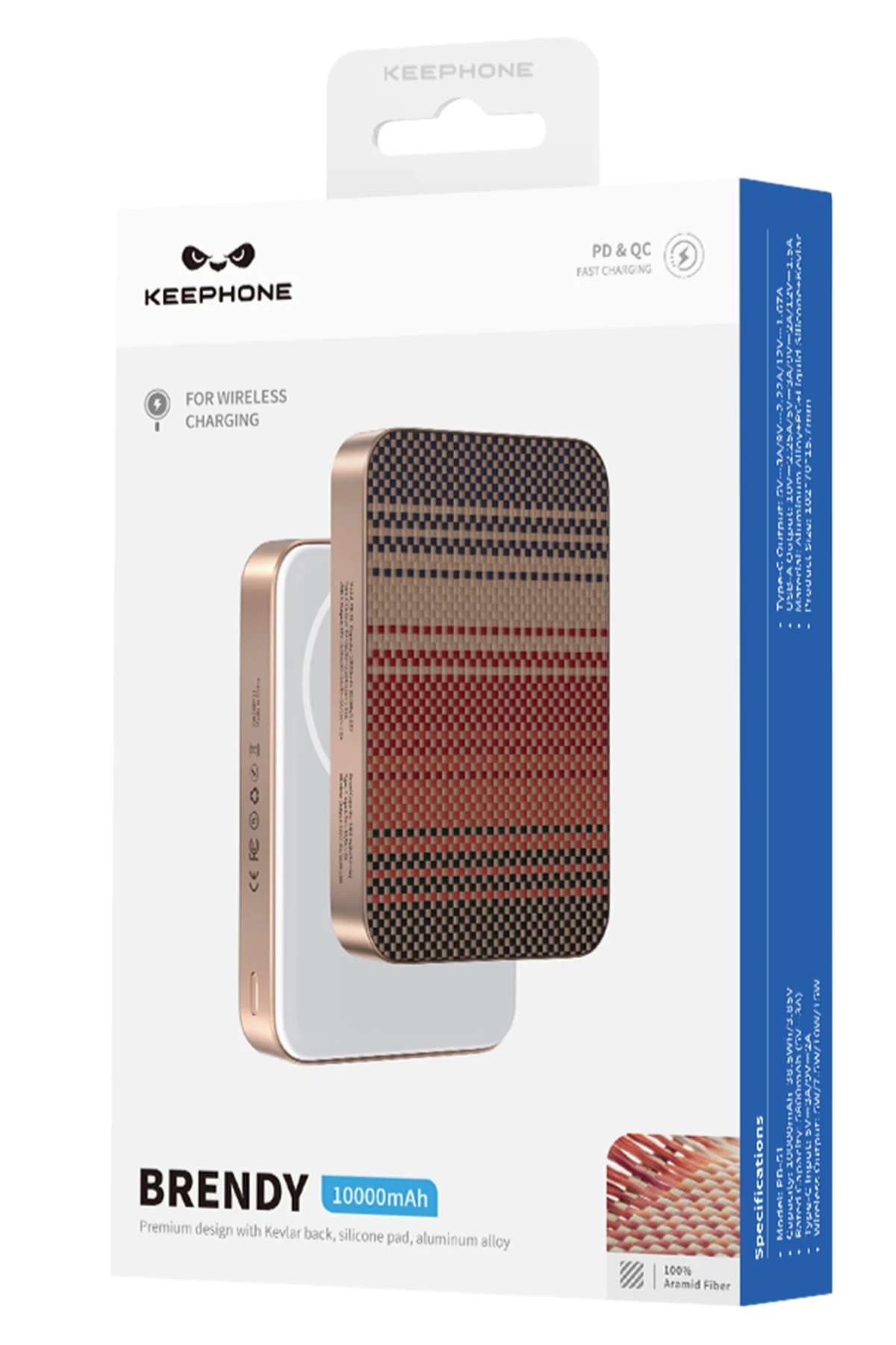 Kevlar arka yüzlü KeepPhone powerbank, 10000mAh, PD & QC hızlı şarj.