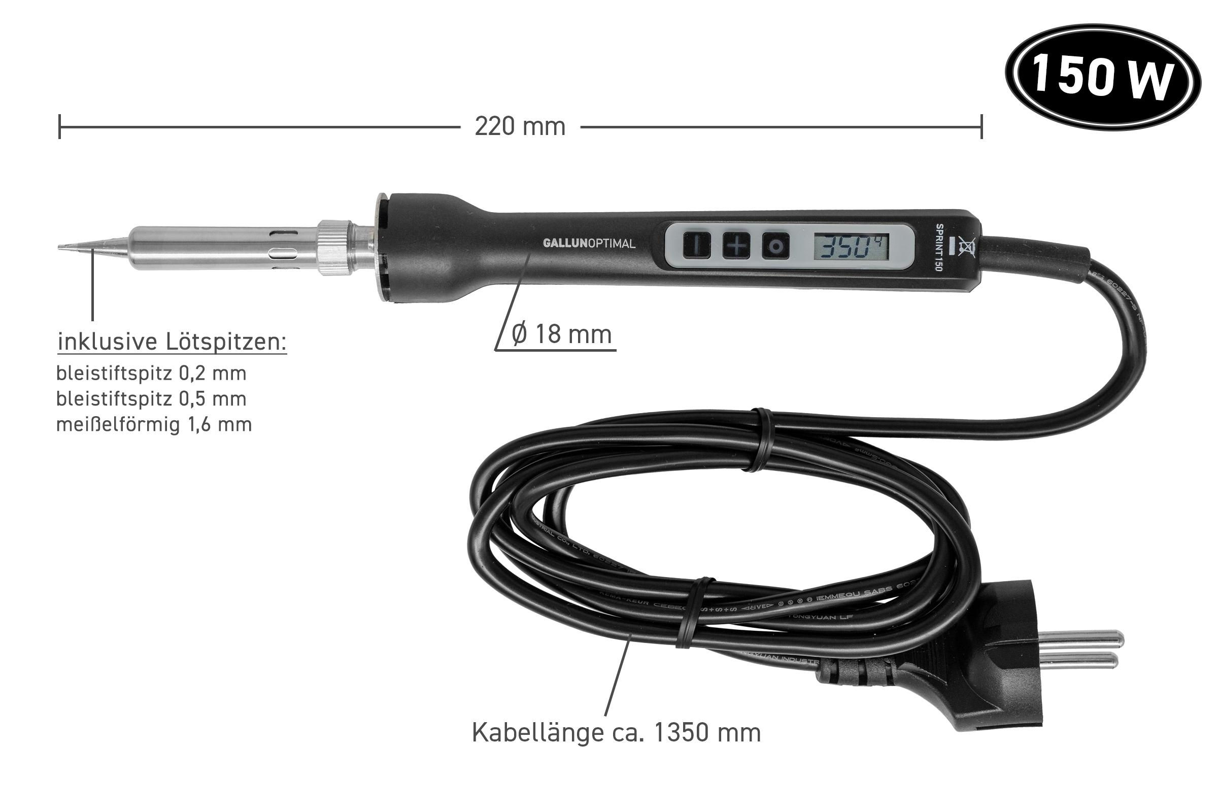 Ein 150W Lötkolben mit digitaler Temperaturanzeige (350°C) und Kabel.