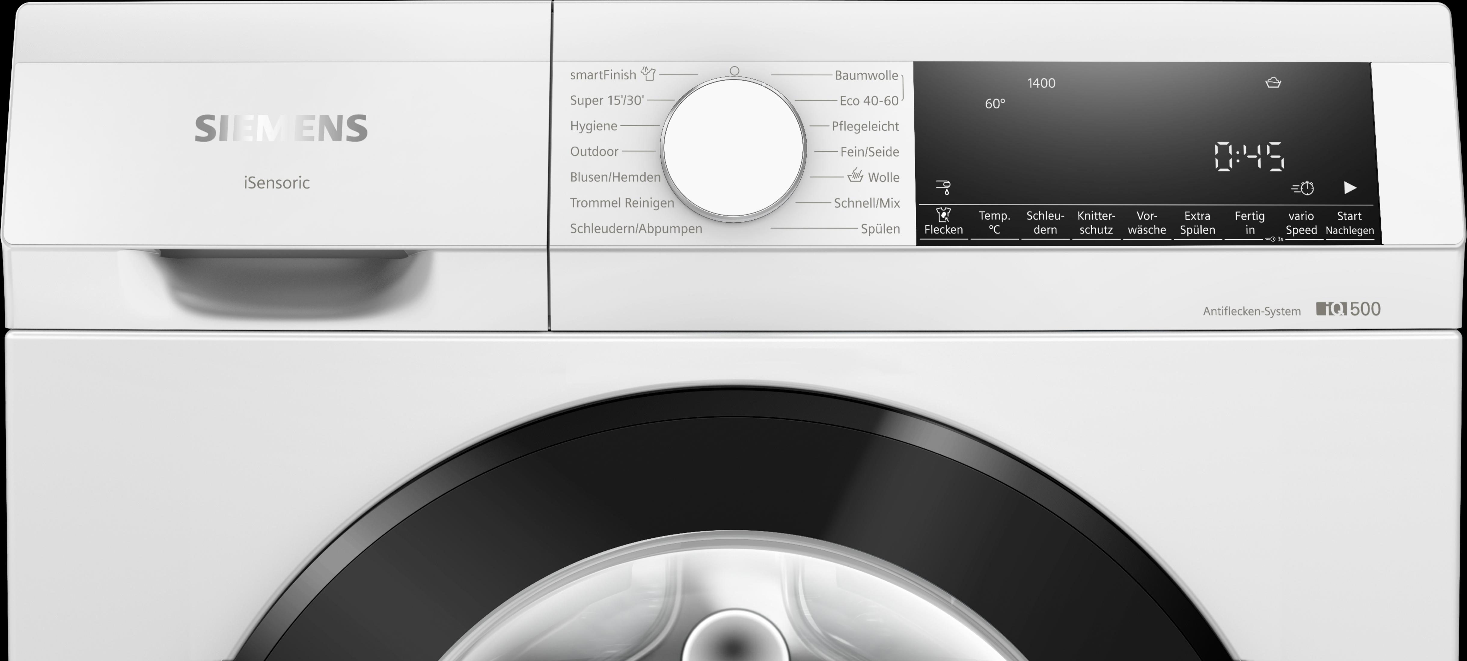 Siemens Waschmaschine mit digitalem Display, Programmwahlrad und Startknopf.