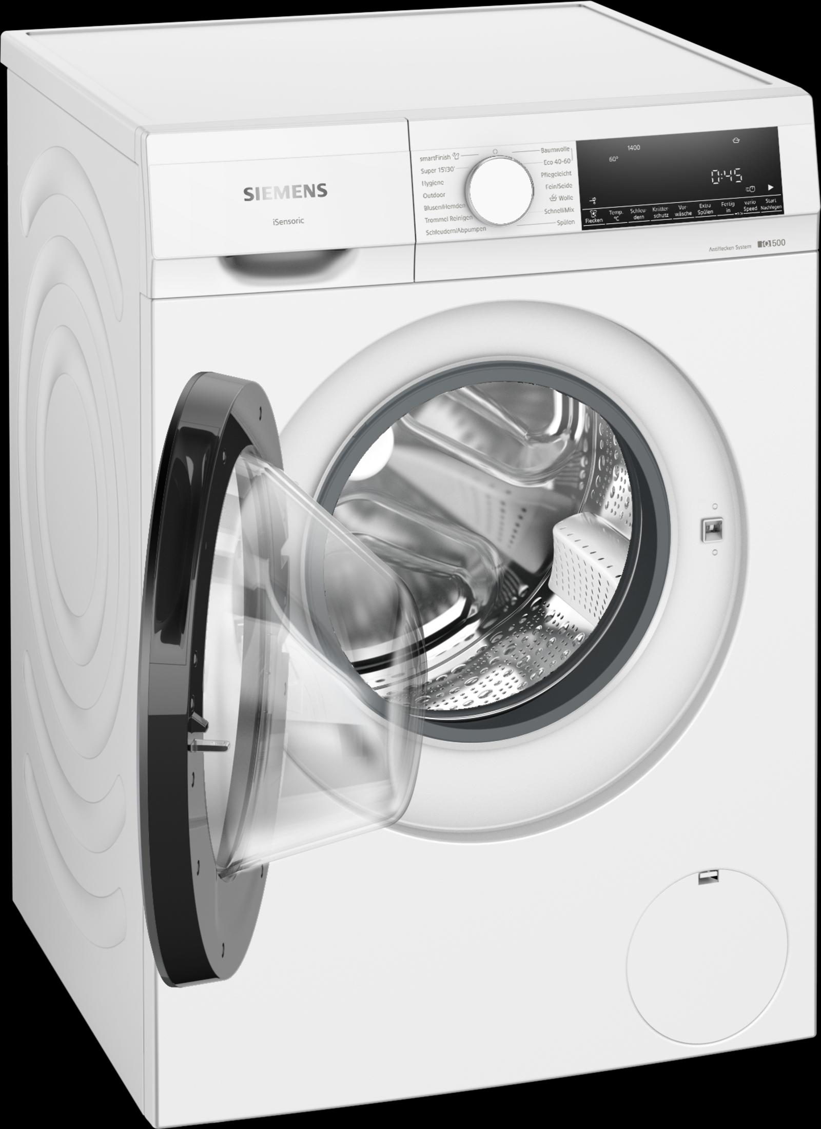 Eine weiße Siemens Waschmaschine mit geöffneter Tür und einem Bedienfeld.