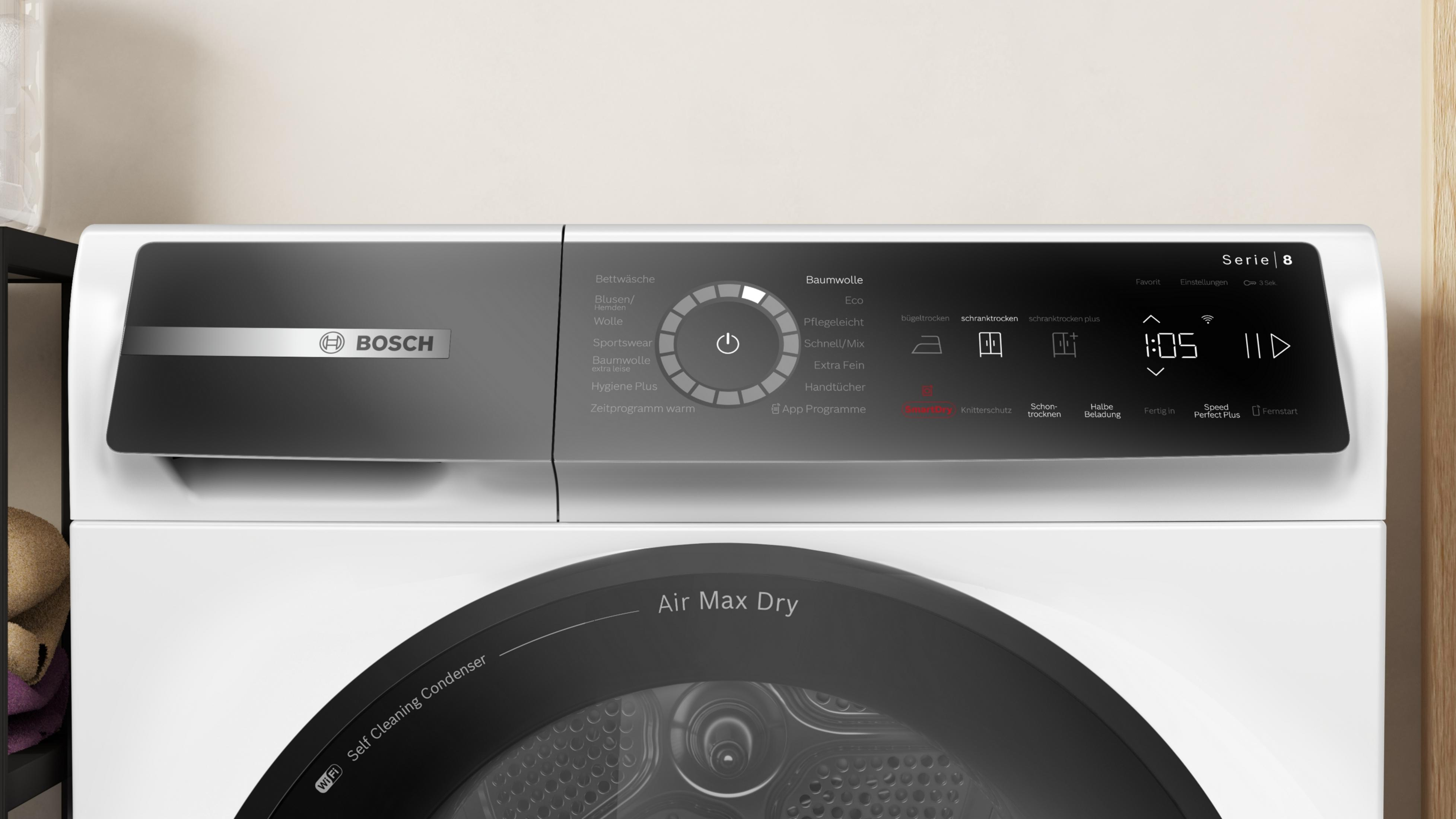 Bosch Waschmaschine mit digitalem Display und Programmauswahl. Zeitanzeige 1:05.