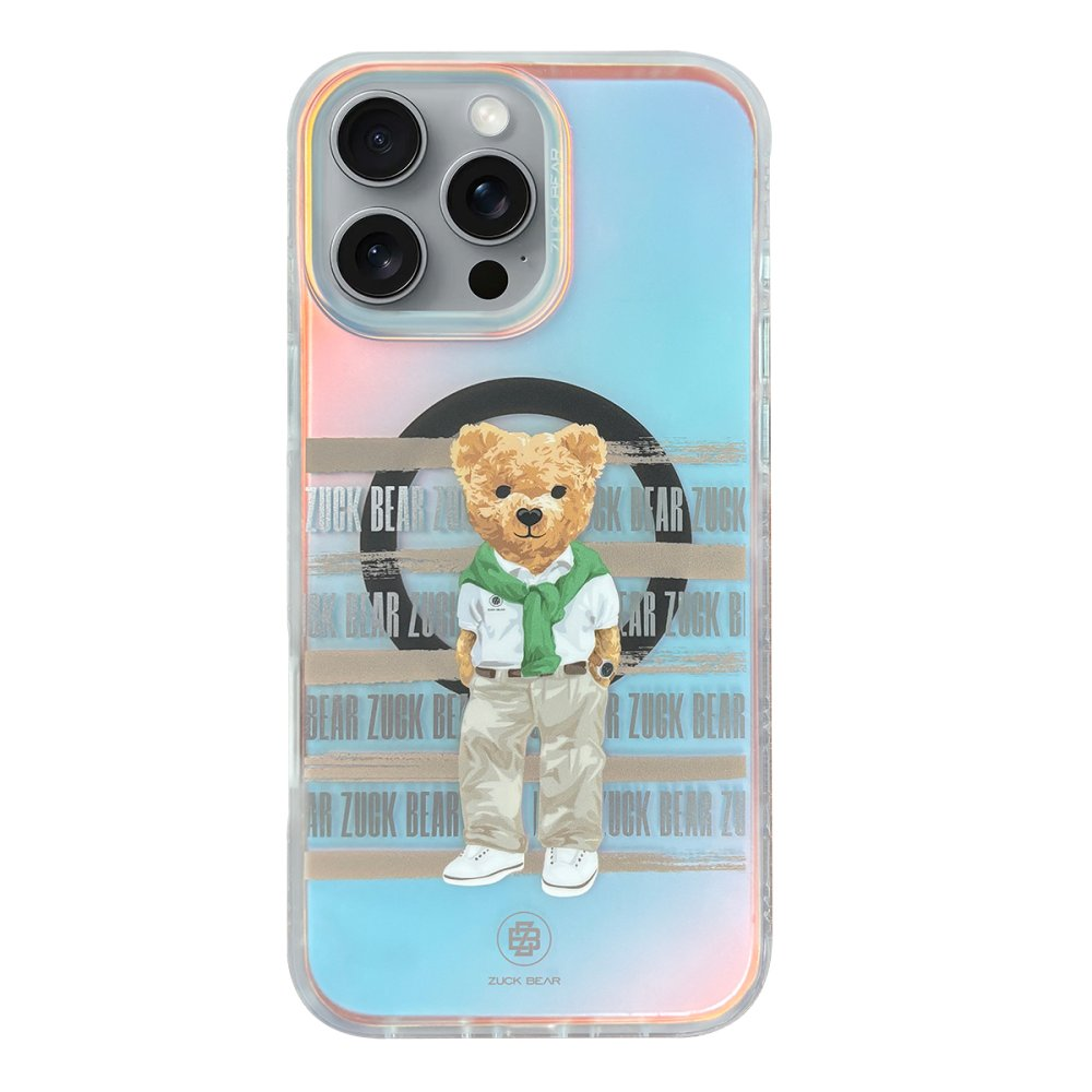 Degrade iPhone kılıfında kazak ve pantolonlu bir ayıcık.