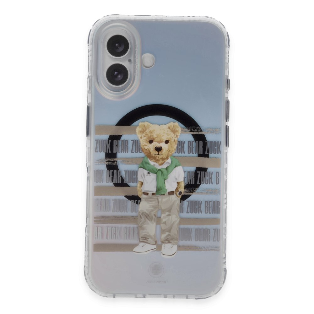 Üzerinde 'Zuck Bear' yazısı ve giysili bir ayıcık bulunan telefon kılıfı.
