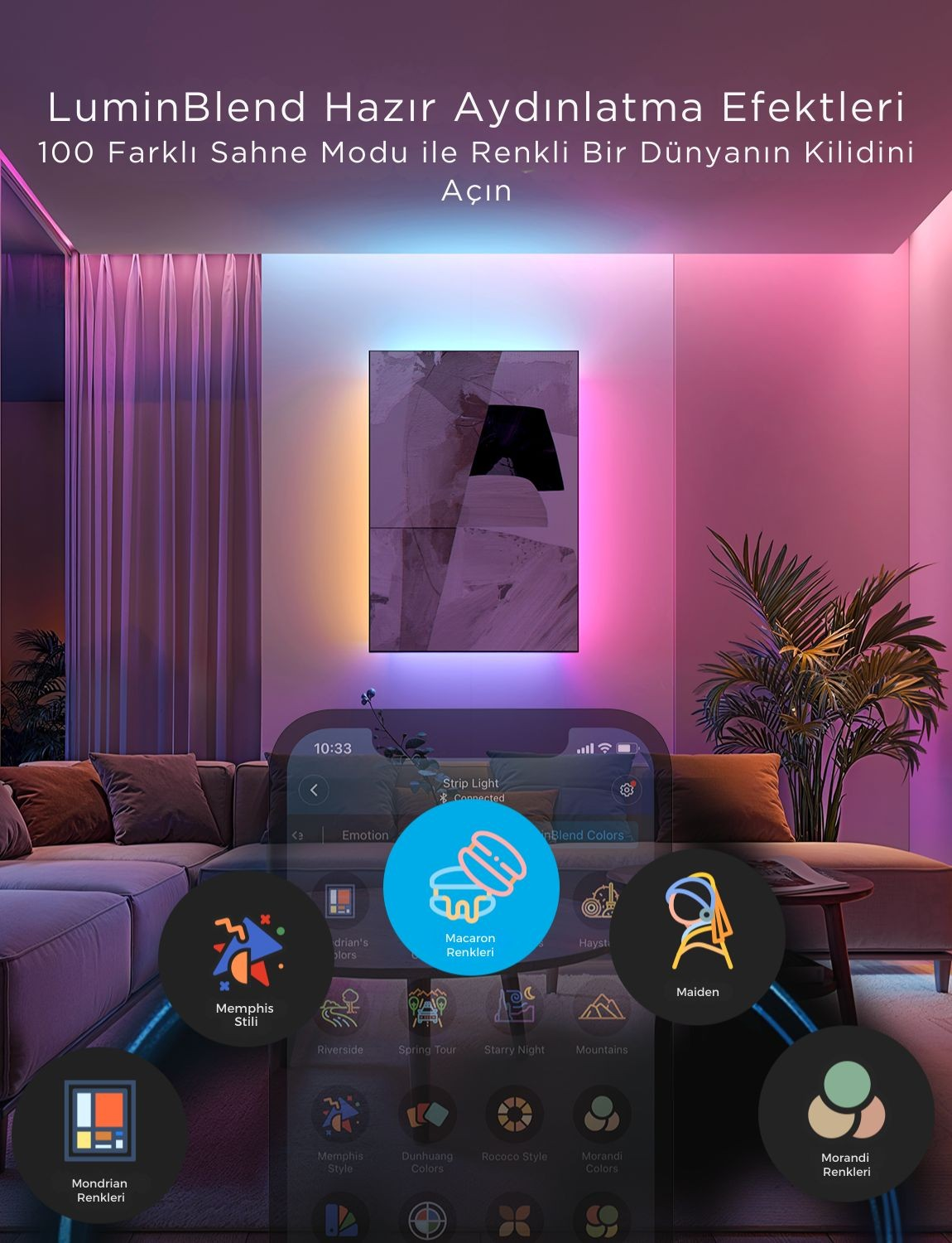 Uno smartphone mostra effetti luminosi per un soggiorno con divano e pianta.