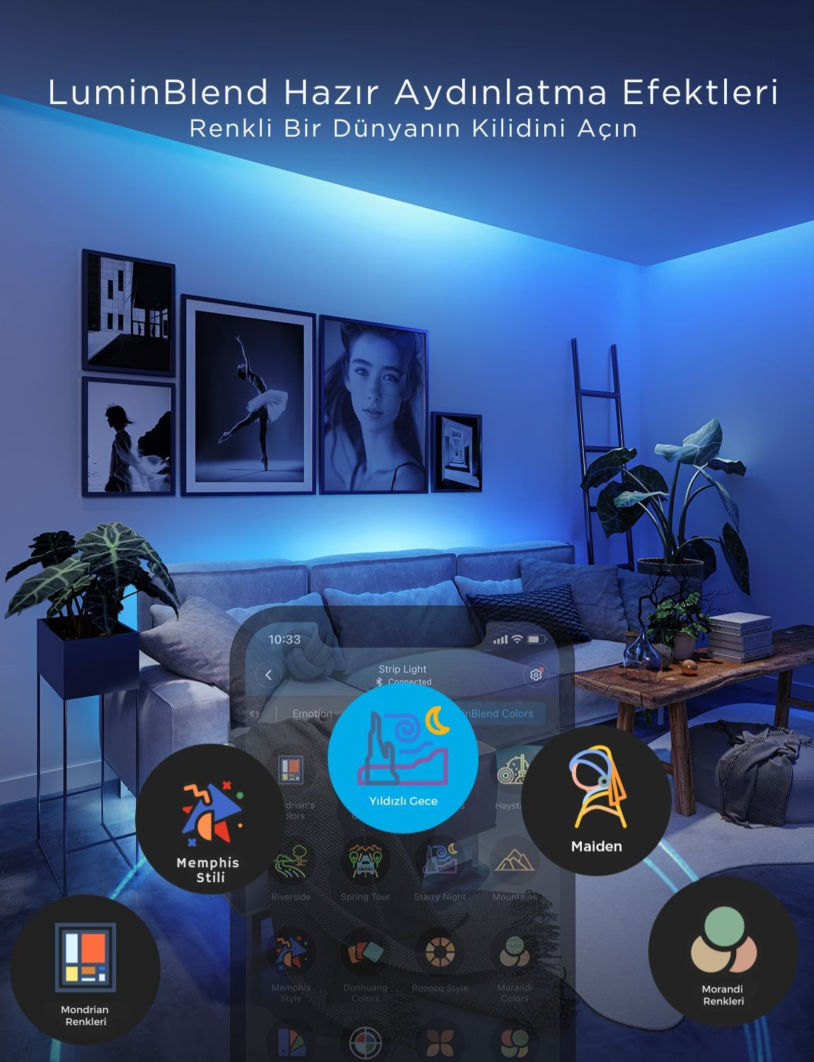Soggiorno con illuminazione a LED blu e display del telefono.