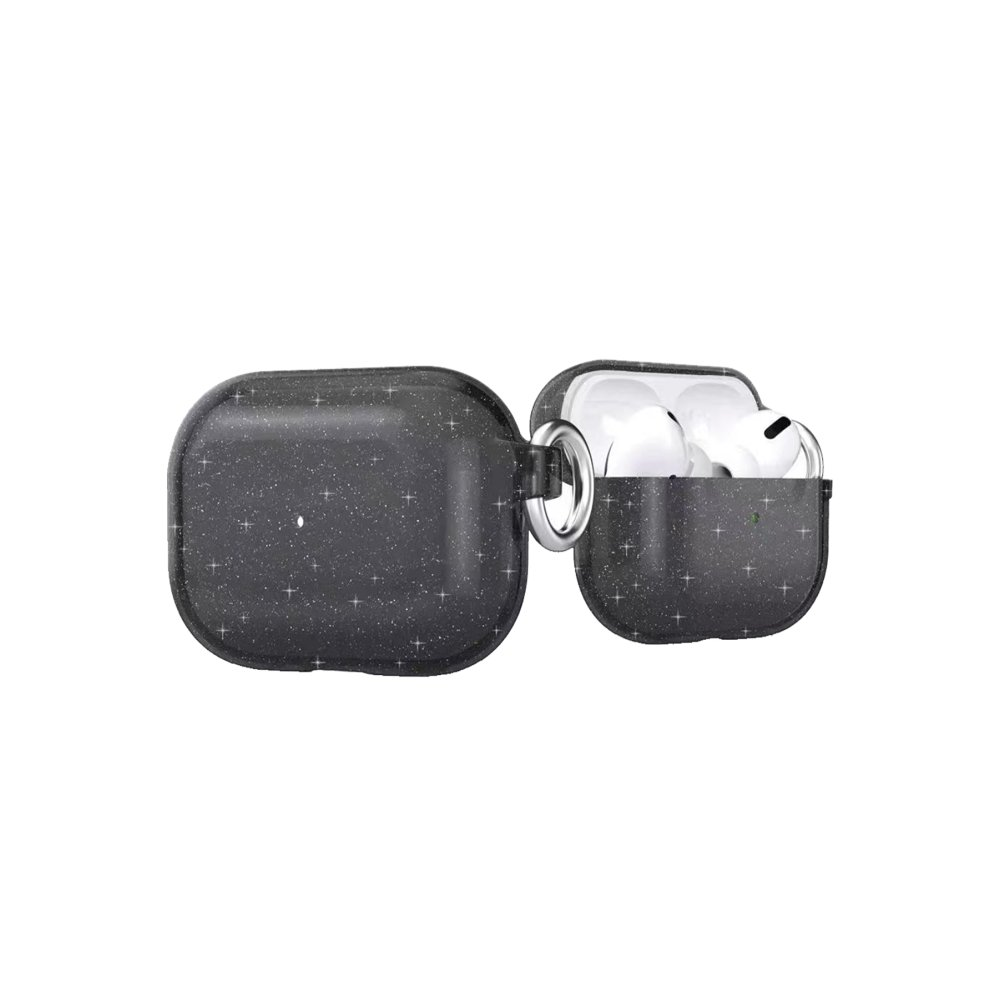 Açık kapaklı, içinde AirPods görünen siyah, ışıltılı AirPods kılıfı.