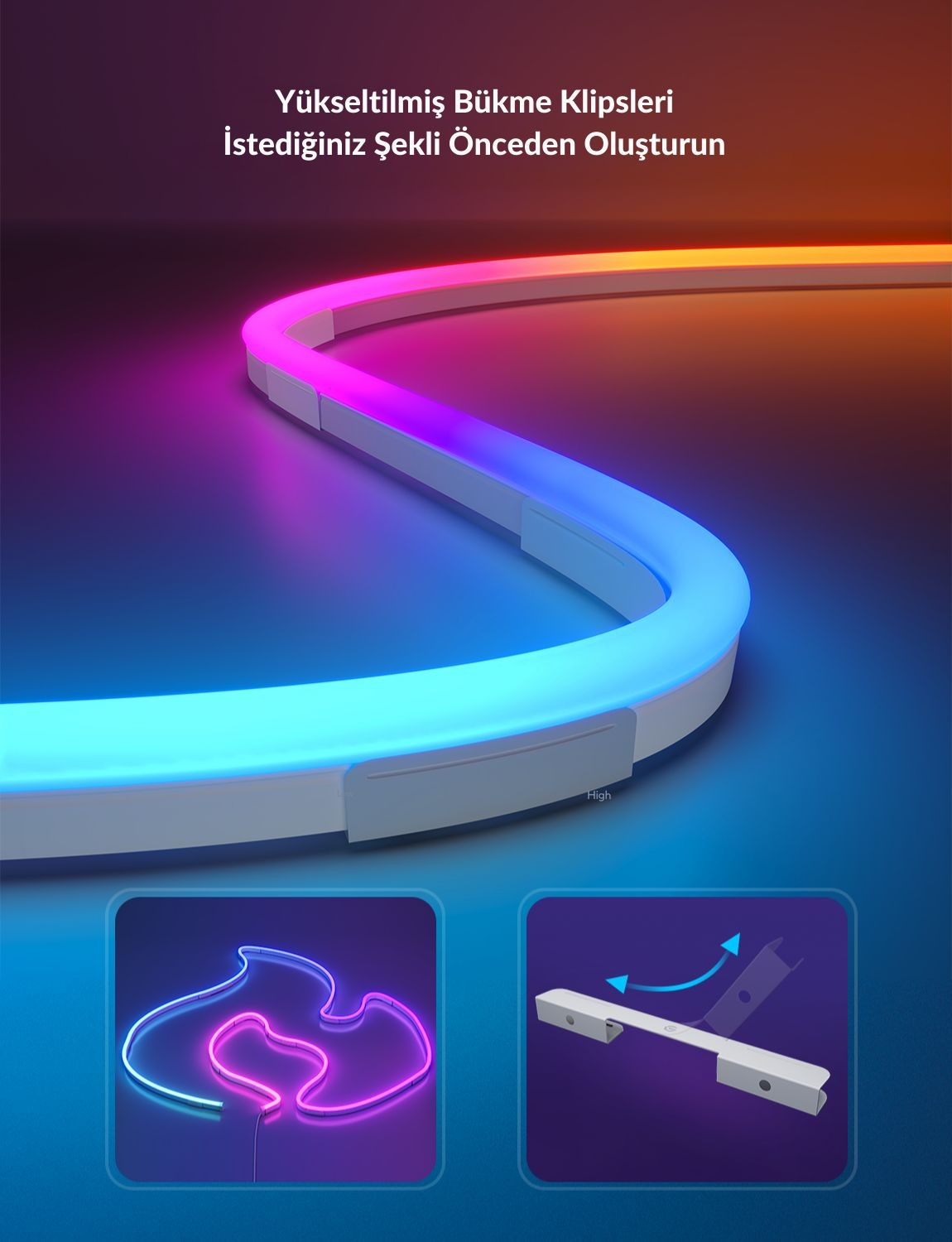 Striscia LED pieghevole blu, viola e arancione. Mostra silhouette e un supporto.