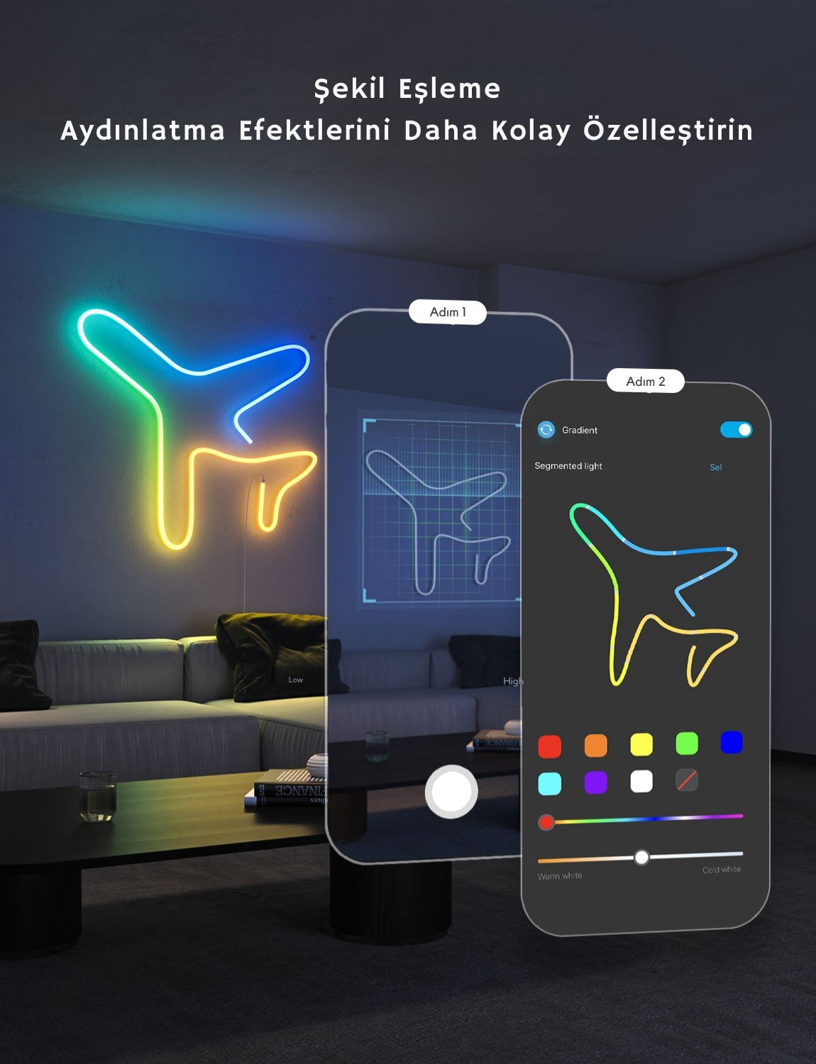 Luce al neon arcobaleno sopra un divano con un'app che controlla le luci.