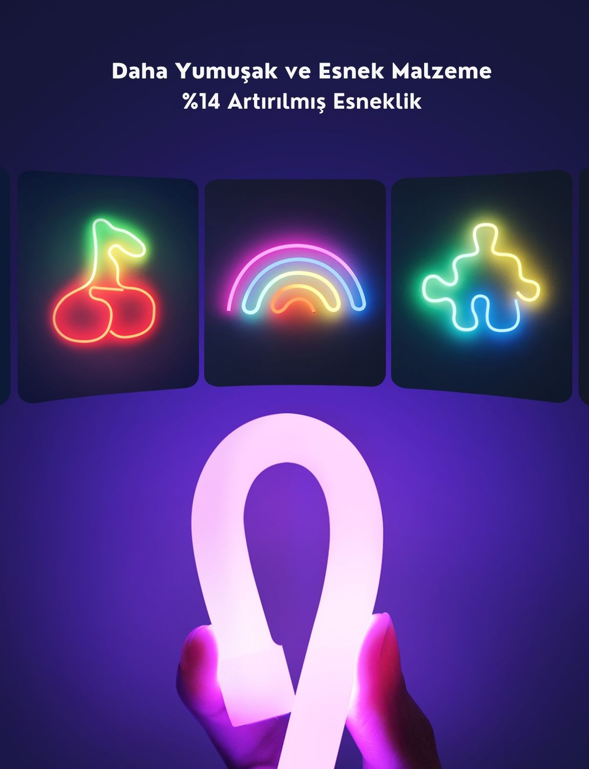 Simboli al neon: ciliegia, arcobaleno, puzzle. Mano tiene nastro luminoso.