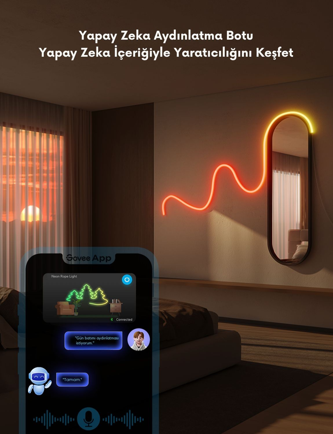 Uno smartphone mostra un'app con luci al neon; accanto, una stanza con luci da parete.