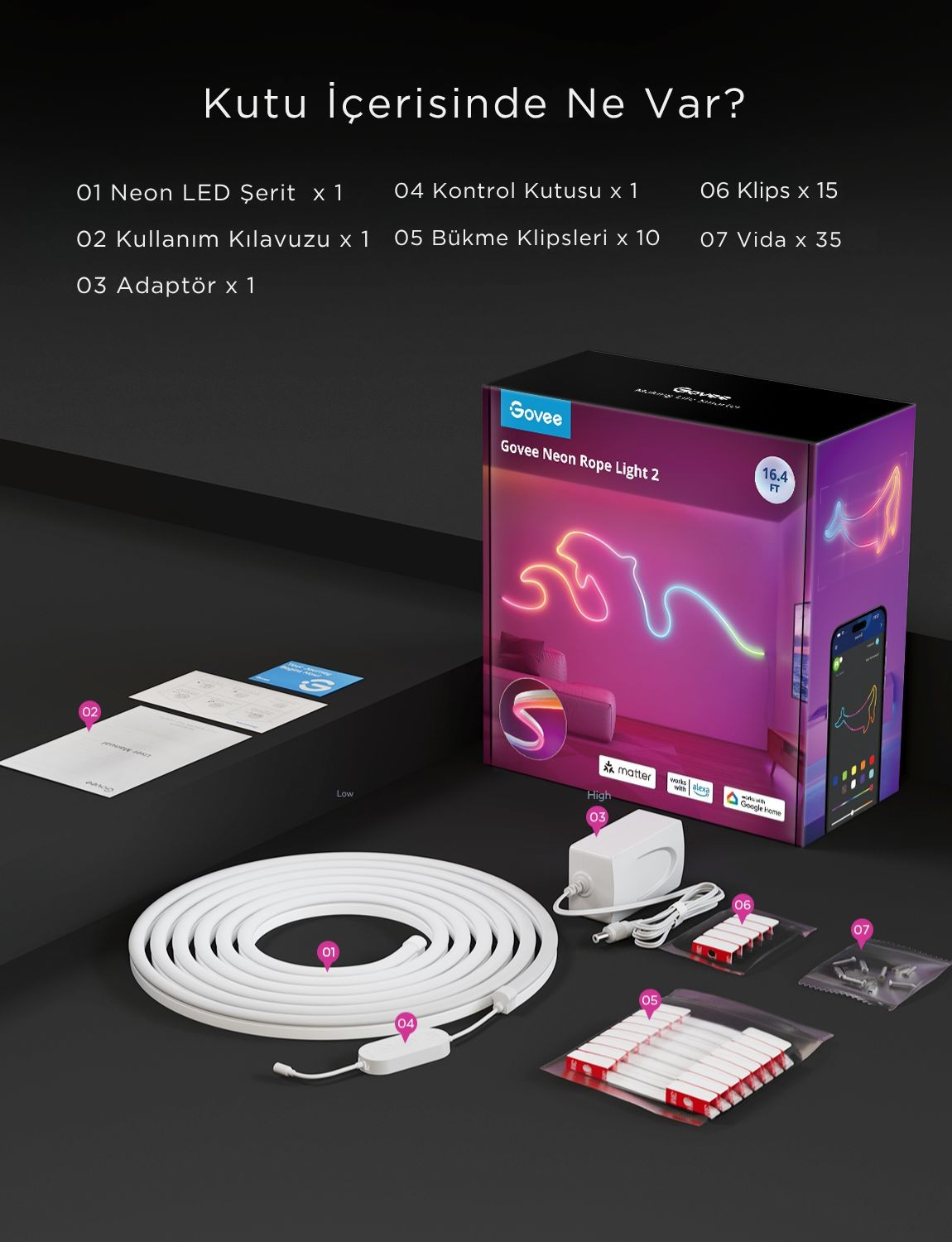 Contenuto confezione Govee Neon Rope Light 2: Striscia LED, adattatore, clip, viti.