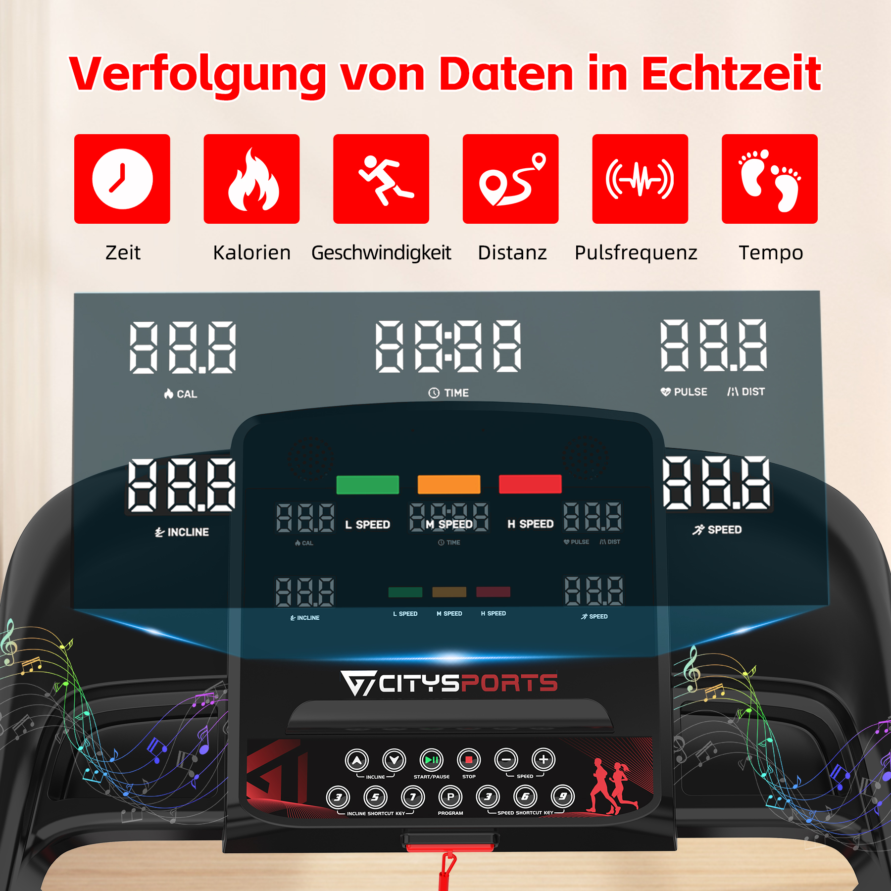 Ein Laufband-Display zeigt Zeit, Kalorien, Distanz, Puls und Tempo an.
