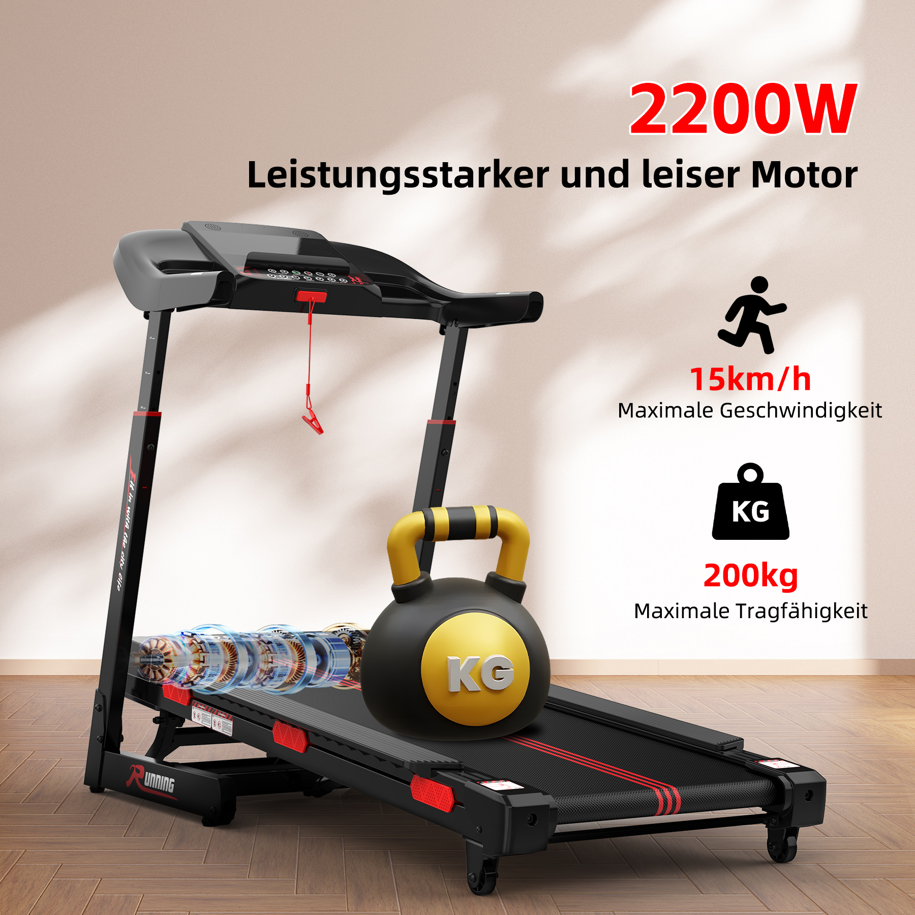 Laufband mit 2200W Motor, 15km/h Höchstgeschwindigkeit, 200kg Tragfähigkeit.