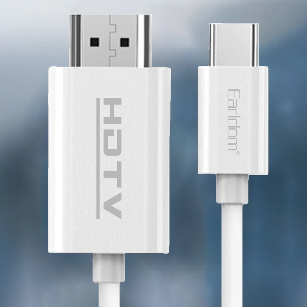 HDTV ve Earldom logolu beyaz HDMI - USB-C kablosu.