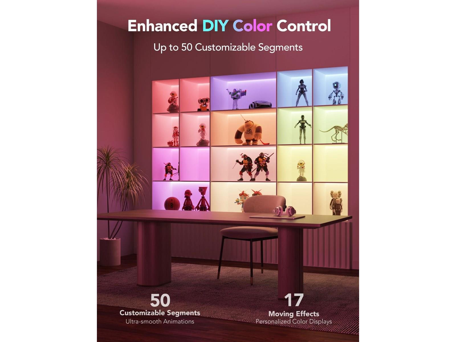 Półka z figurkami, oświetlona w różnych kolorach, od różowego do żółtego.