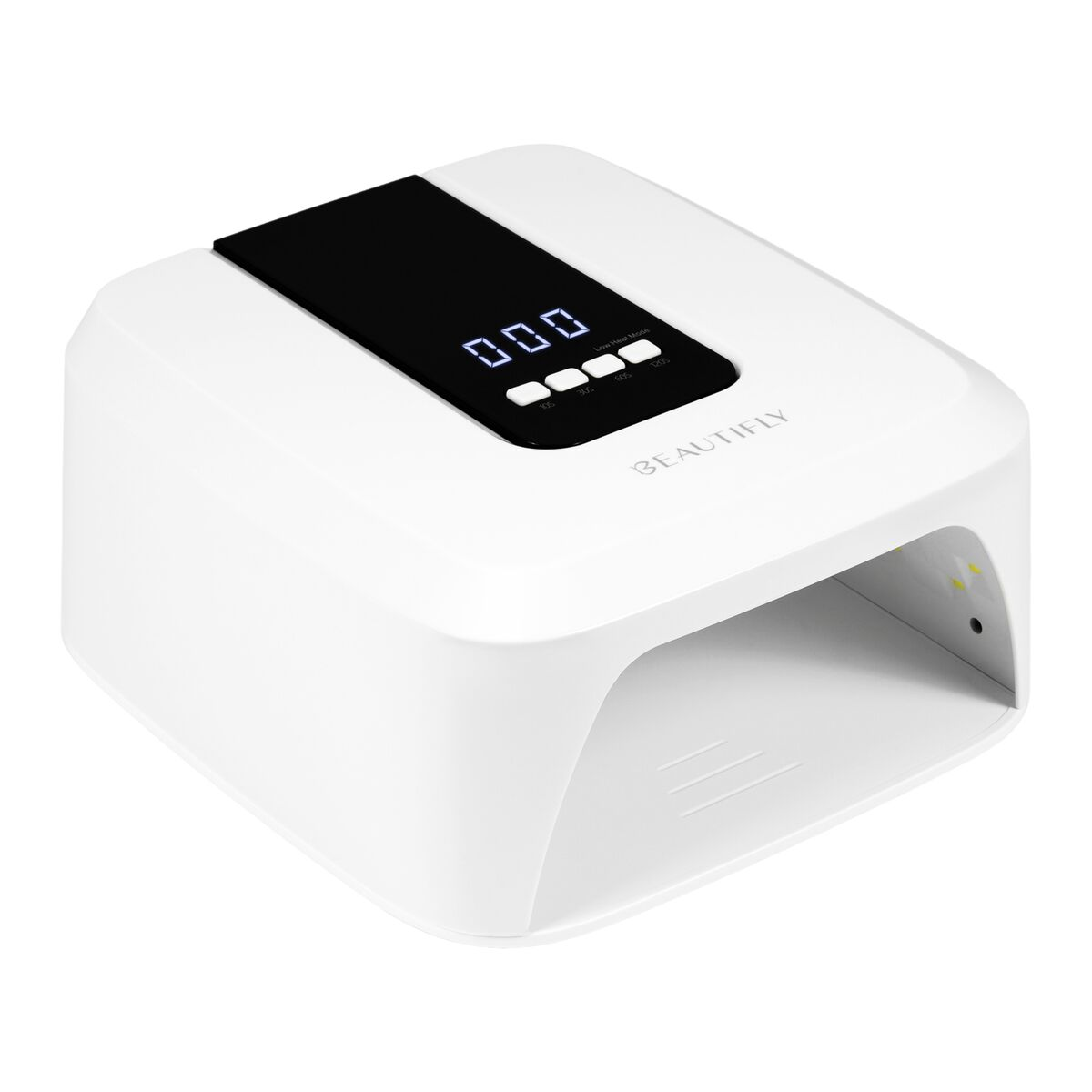 Una lámpara UV blanca para uñas con pantalla digital y botones de temporizador.