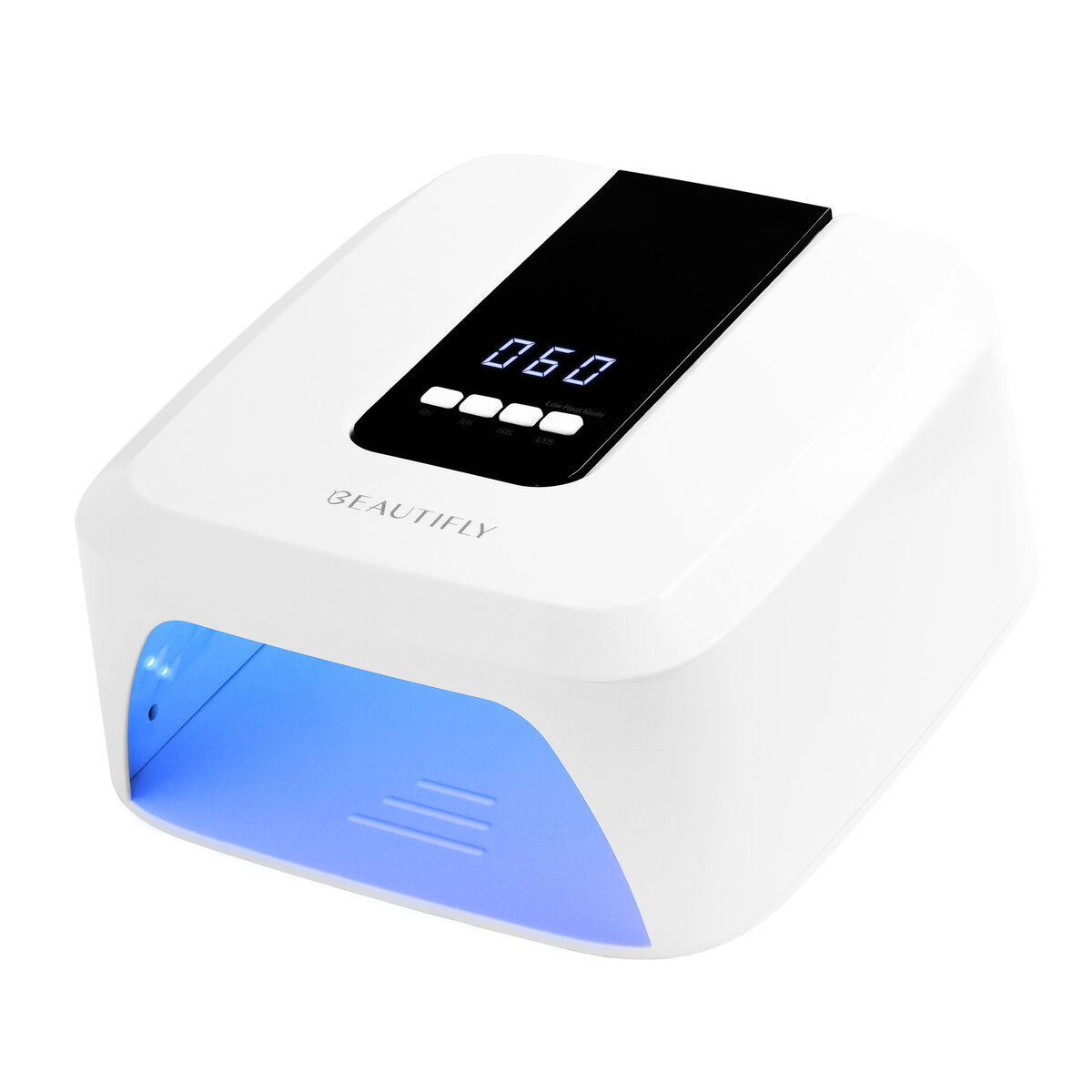 Lámpara secadora de uñas blanca con pantalla digital (060) y luz azul.