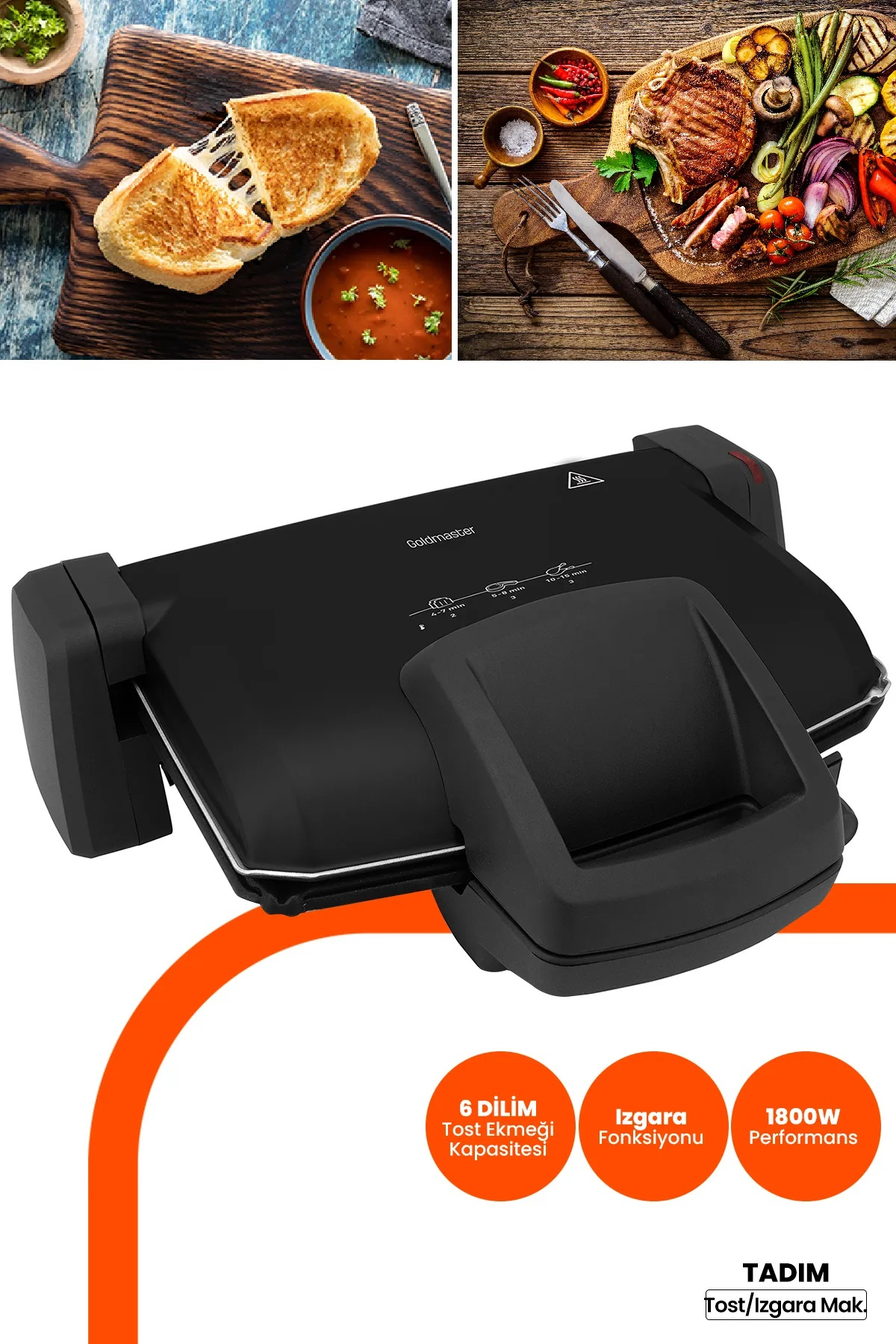Siyah tost ve ızgara makinesi. 6 dilim kapasiteli.