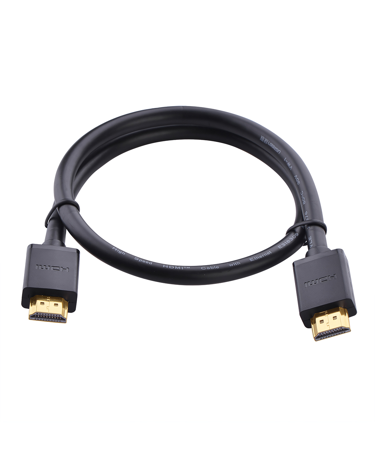 Altın konektörlü siyah HDMI kablosu, "High Speed Cable with Ethernet" etiketli.