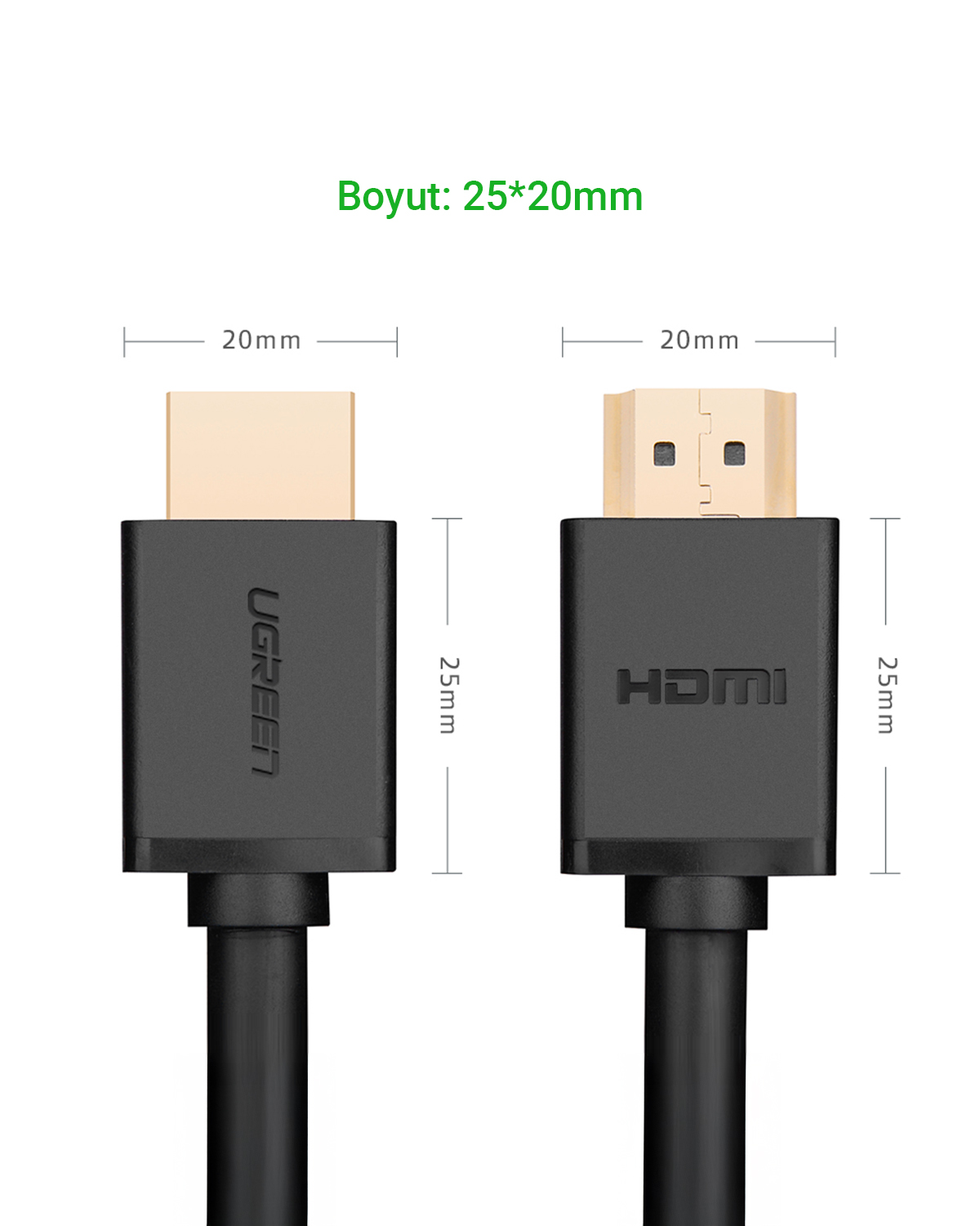 İki HDMI kablo konektörü, boyutlar 20x25mm. Biri UGREEN logolu, diğeri HDMI logolu.