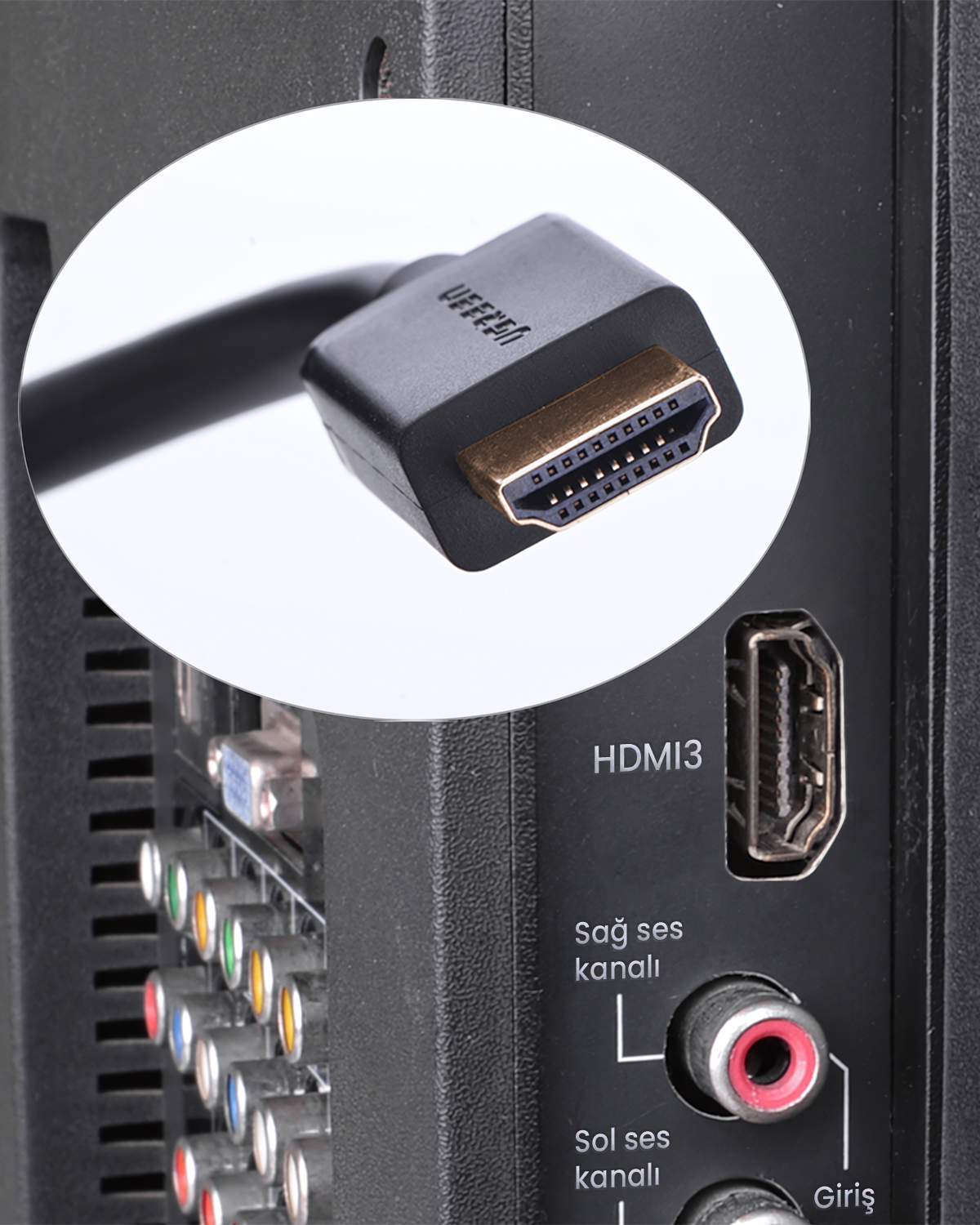 Bir HDMI fişi televizyonun HDMI3 bağlantı noktasına takılıyor.