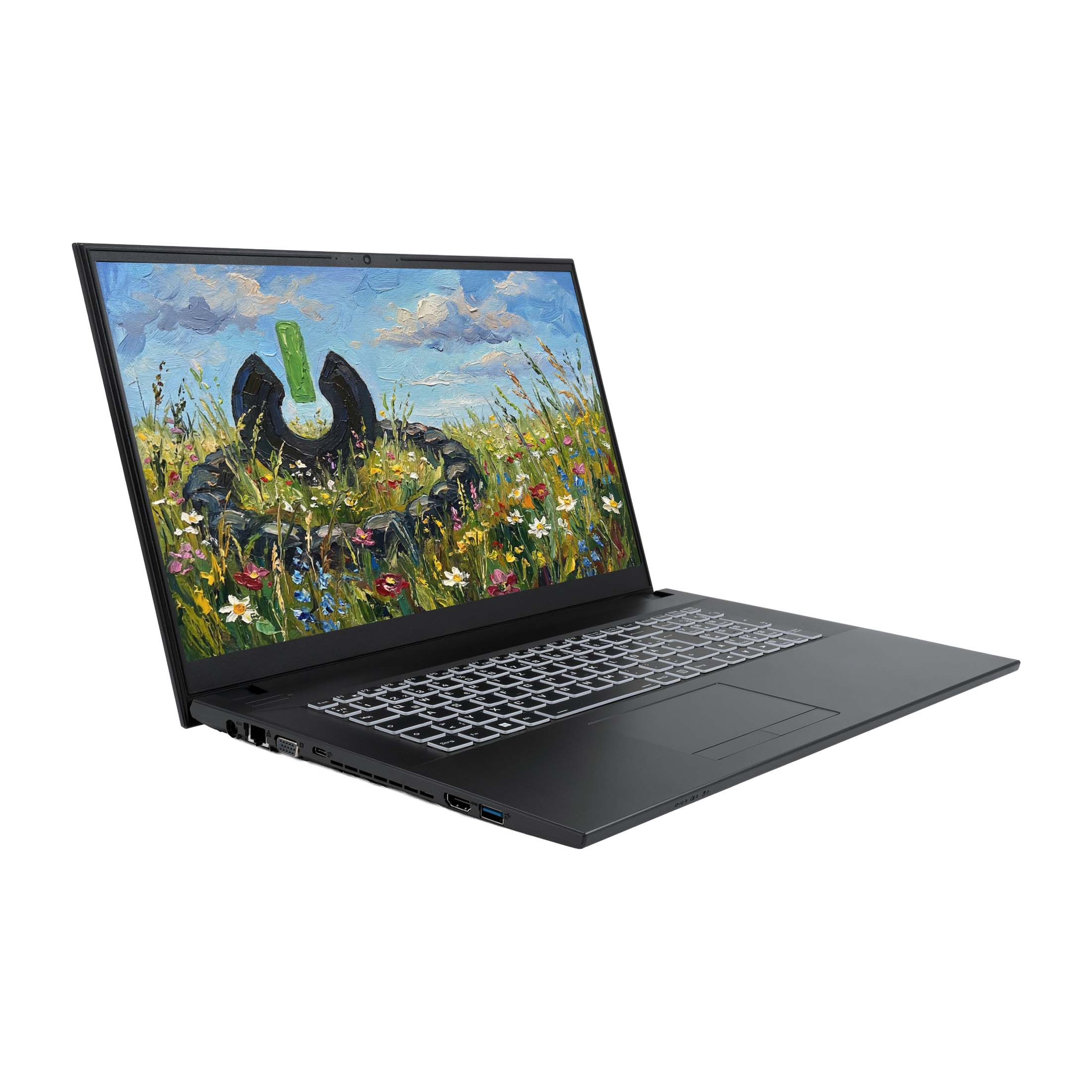 Ein geöffneter Laptop mit einem gemalten Bild einer Blumenwiese mit einem grünen Objekt.