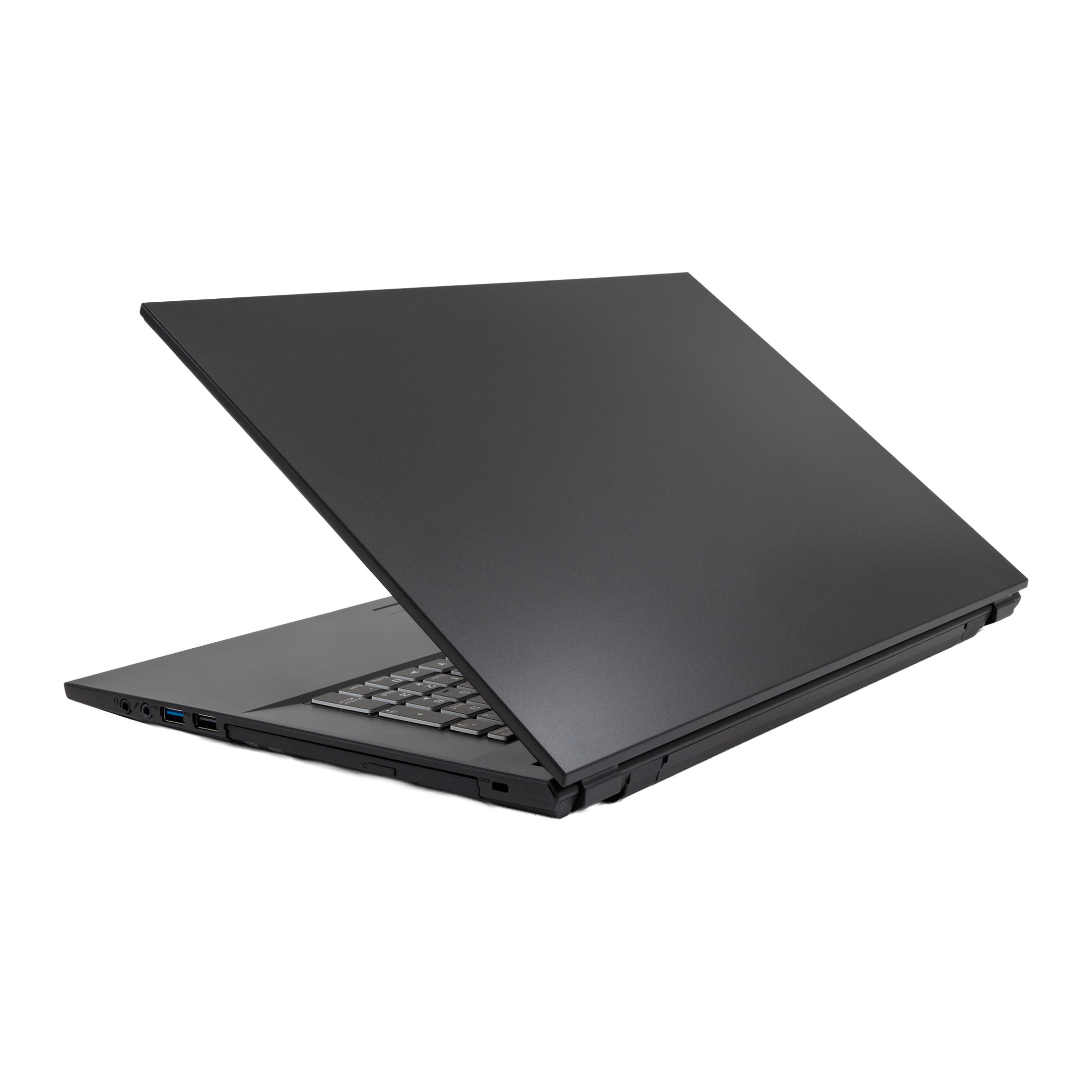Ein geschlossener schwarzer Laptop mit Blick auf die Tastatur und Anschlüsse.