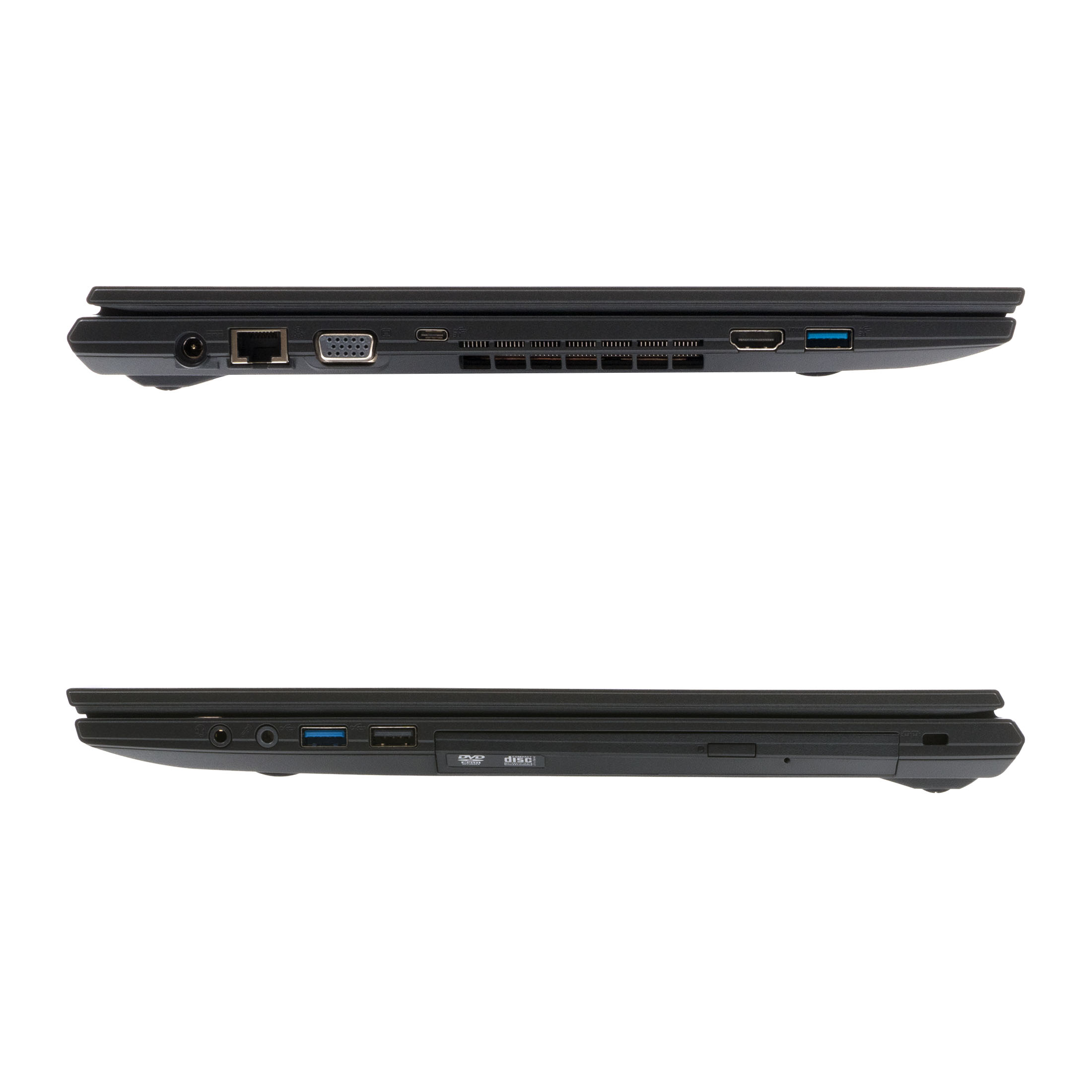 Oben: Anschlüsse eines schwarzen Laptops. Unten: Seite eines Laptops mit DVD-Laufwerk.