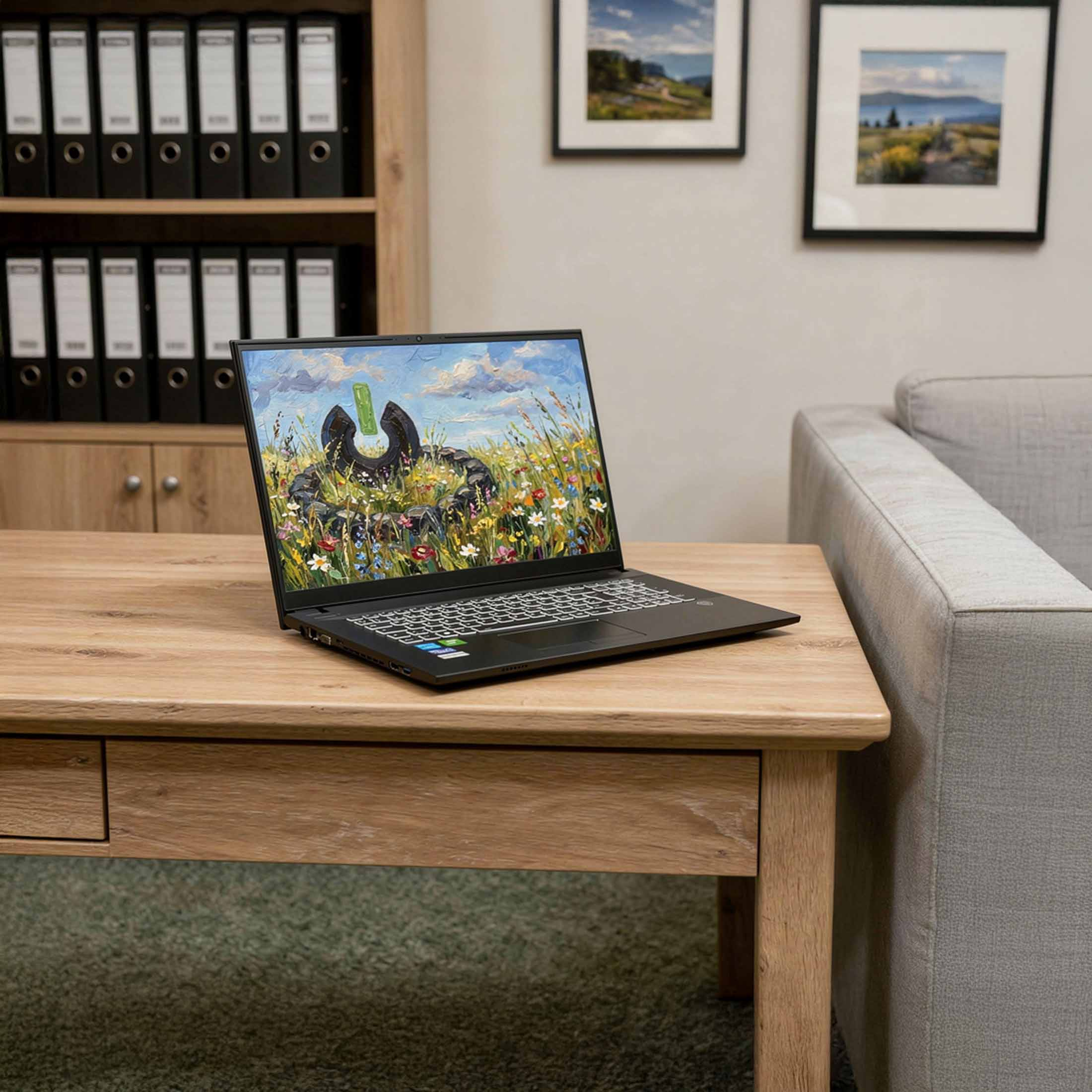 Ein Laptop mit buntem Hintergrund steht auf einem Holztisch, daneben ein Sofa.