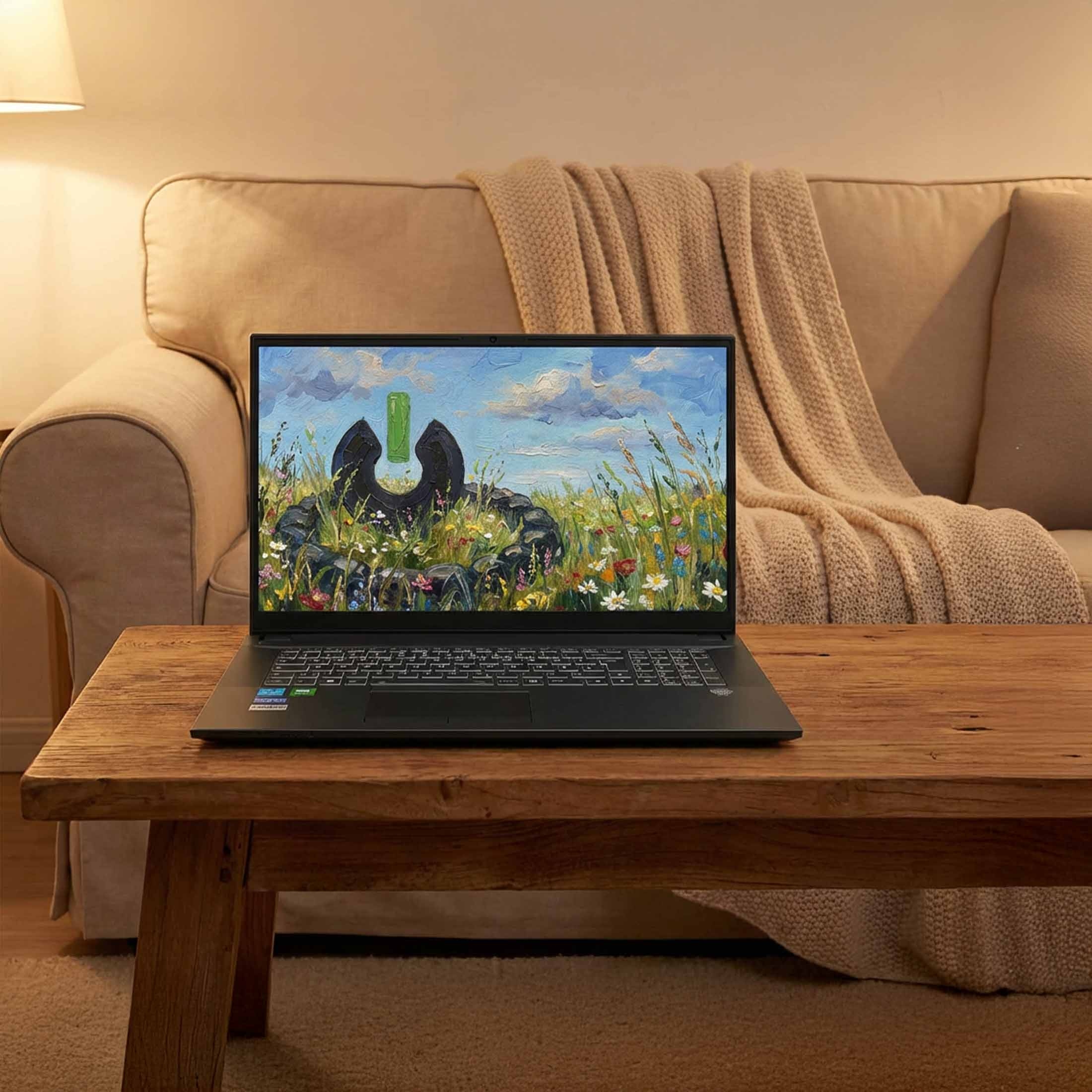 Ein Laptop steht auf einem Holztisch. Der Bildschirm zeigt eine malerische Landschaft.