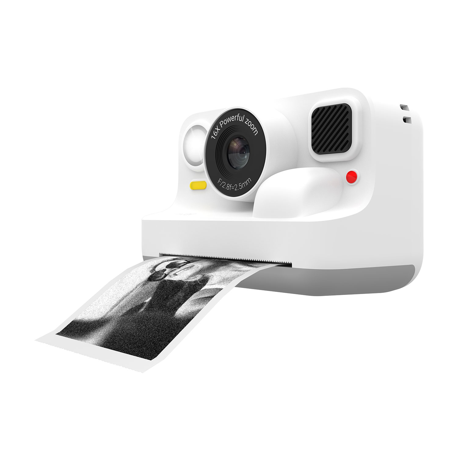 A white instant camera prints a grainy black and white photo of a person.