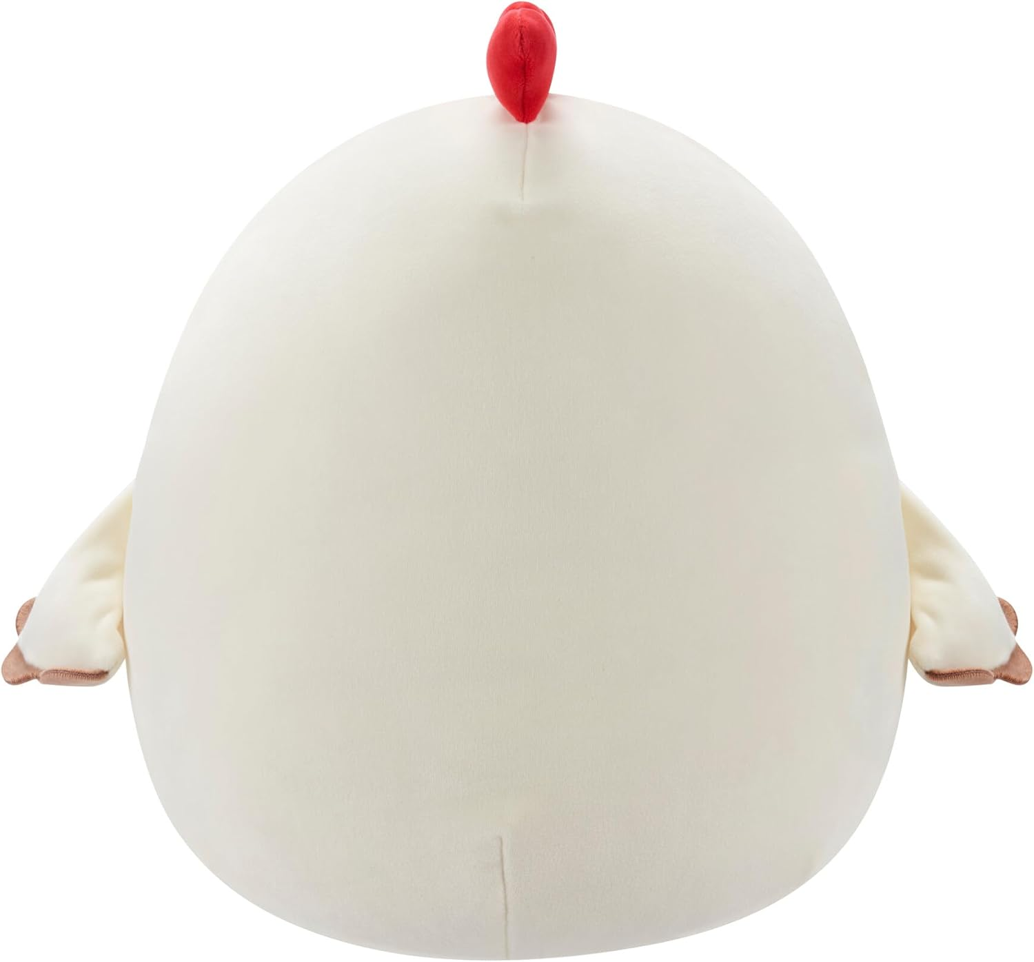 Un pollo di peluche rotondo color crema con cresta e ali rosse.