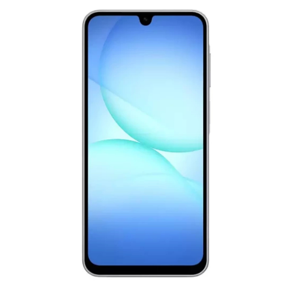 Mavi ve turkuaz duvar kağıdı gösteren gümüş renkli bir akıllı telefon.