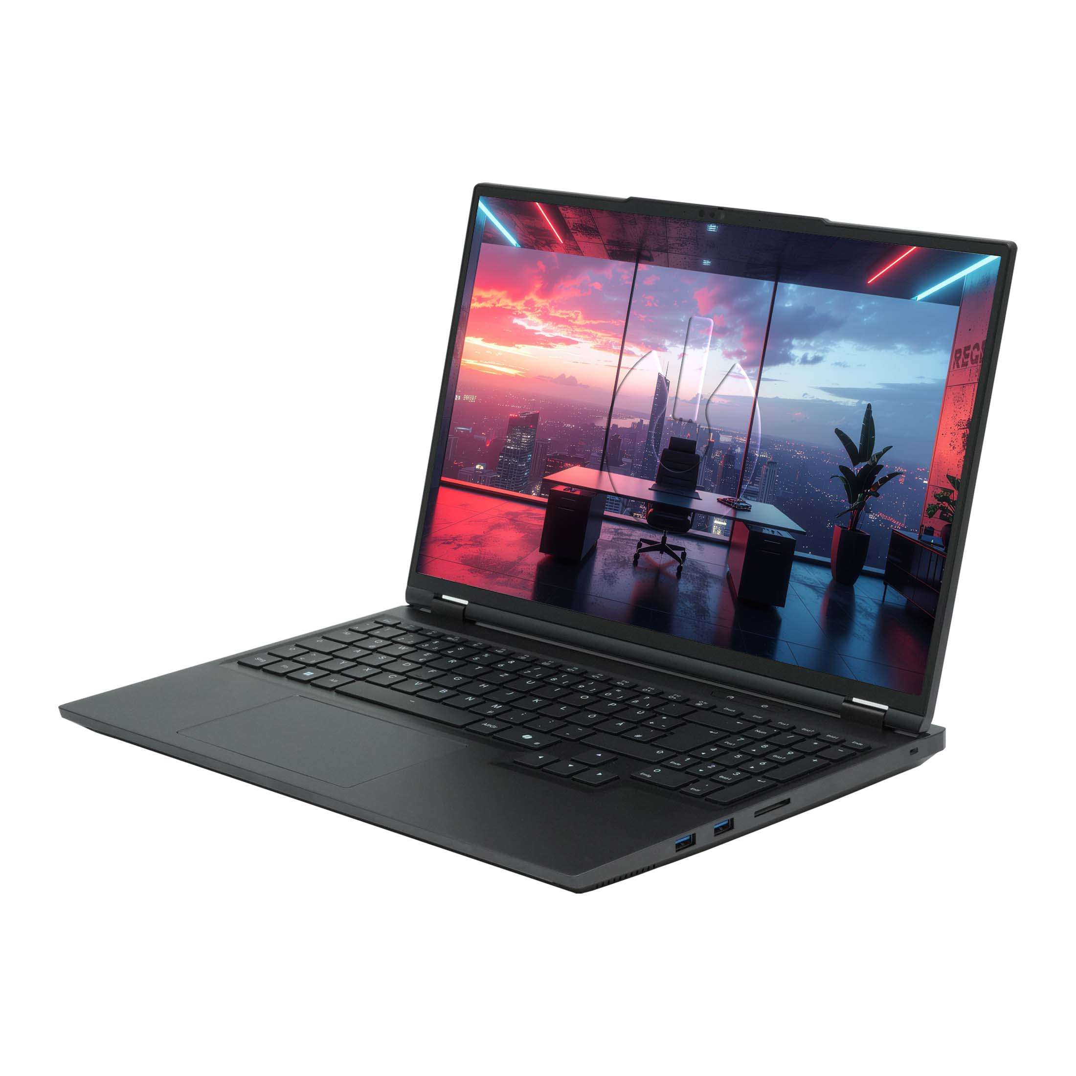 Ein schwarzer Laptop mit einem Bild eines Büros mit Stadtblick auf dem Bildschirm.