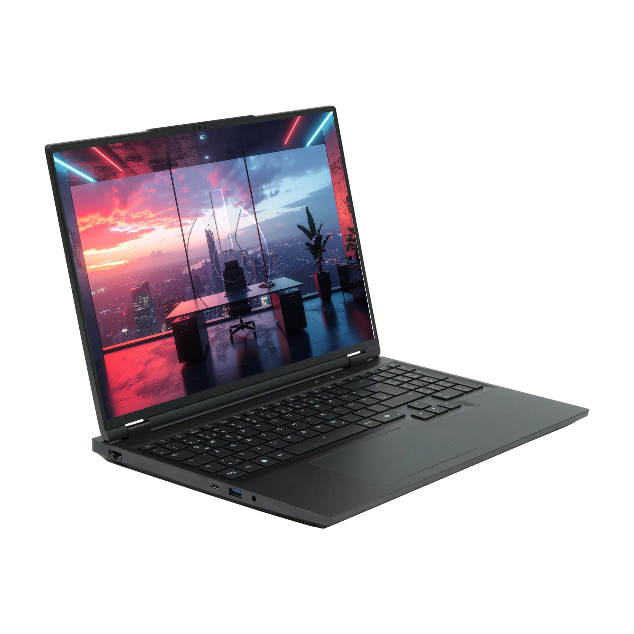 Ein geöffneter Laptop mit einem Büro im Stadtbild auf dem Bildschirm.