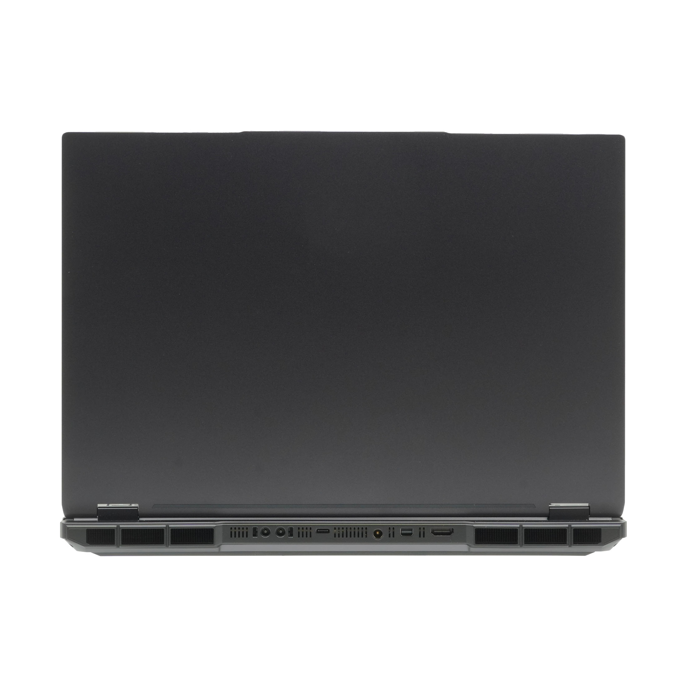 Schwarzer Laptop von oben, Anschlussseite sichtbar mit Lüftungsschlitzen und Ports.