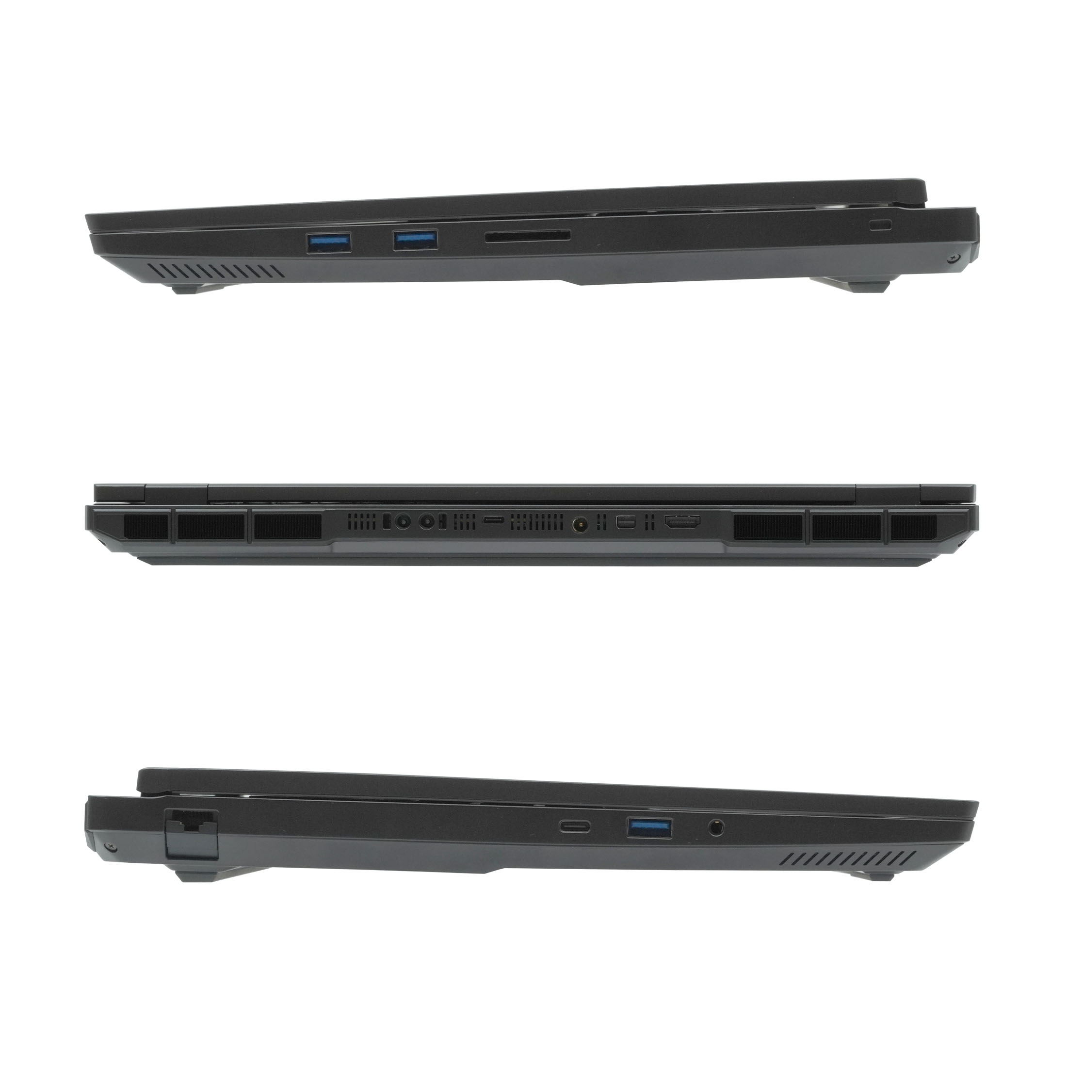 Drei Ansichten eines schwarzen Laptops: Seite, Rückseite mit Anschlüssen, andere Seite.