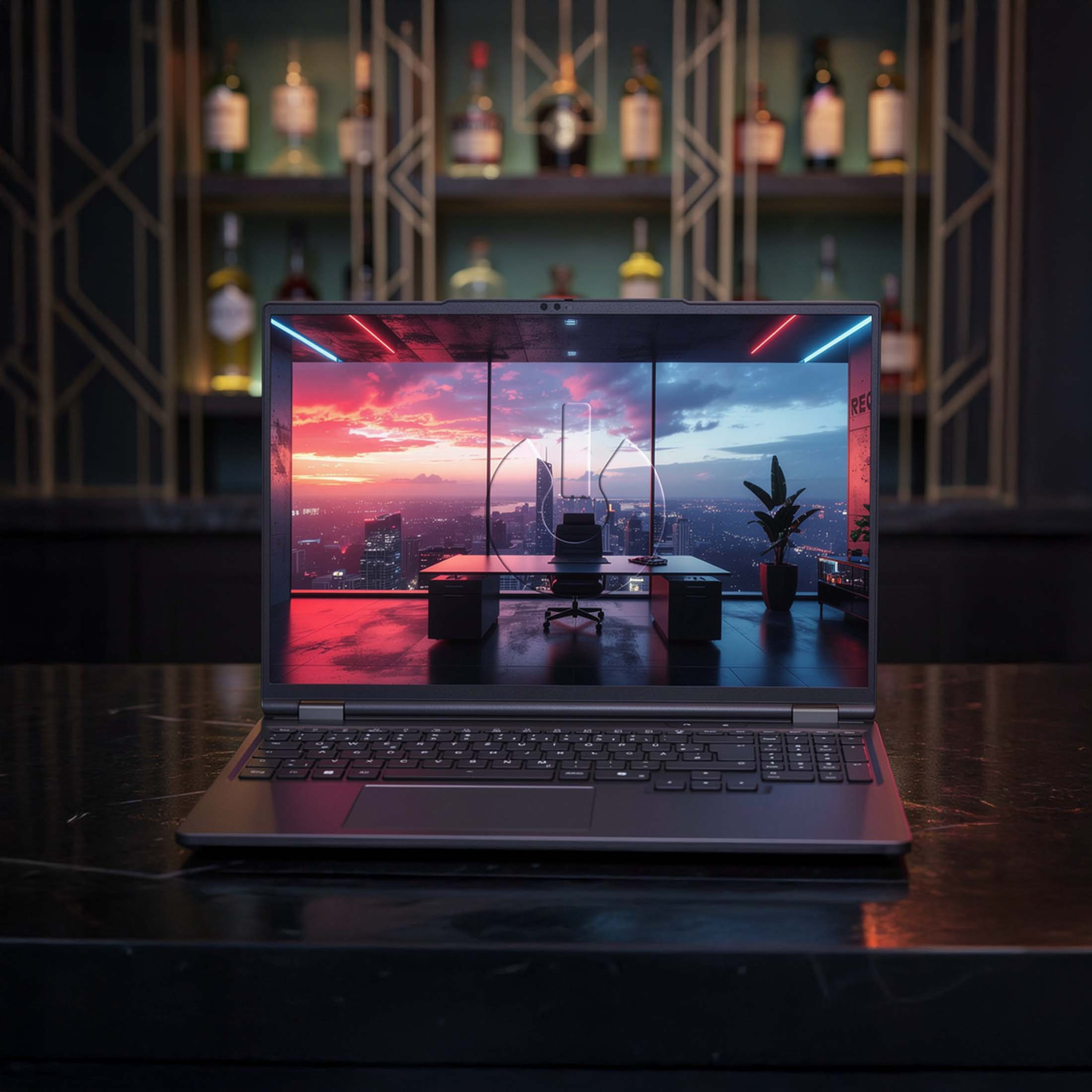 Ein Laptop steht auf einer Theke mit einem Bürodachgarten-Hintergrund.