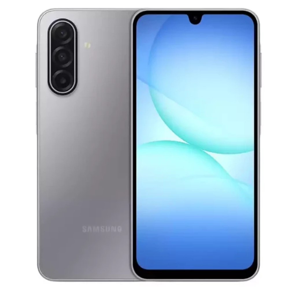 Gümüş Samsung akıllı telefon, üç arka kamera ve mavi ekranlı.