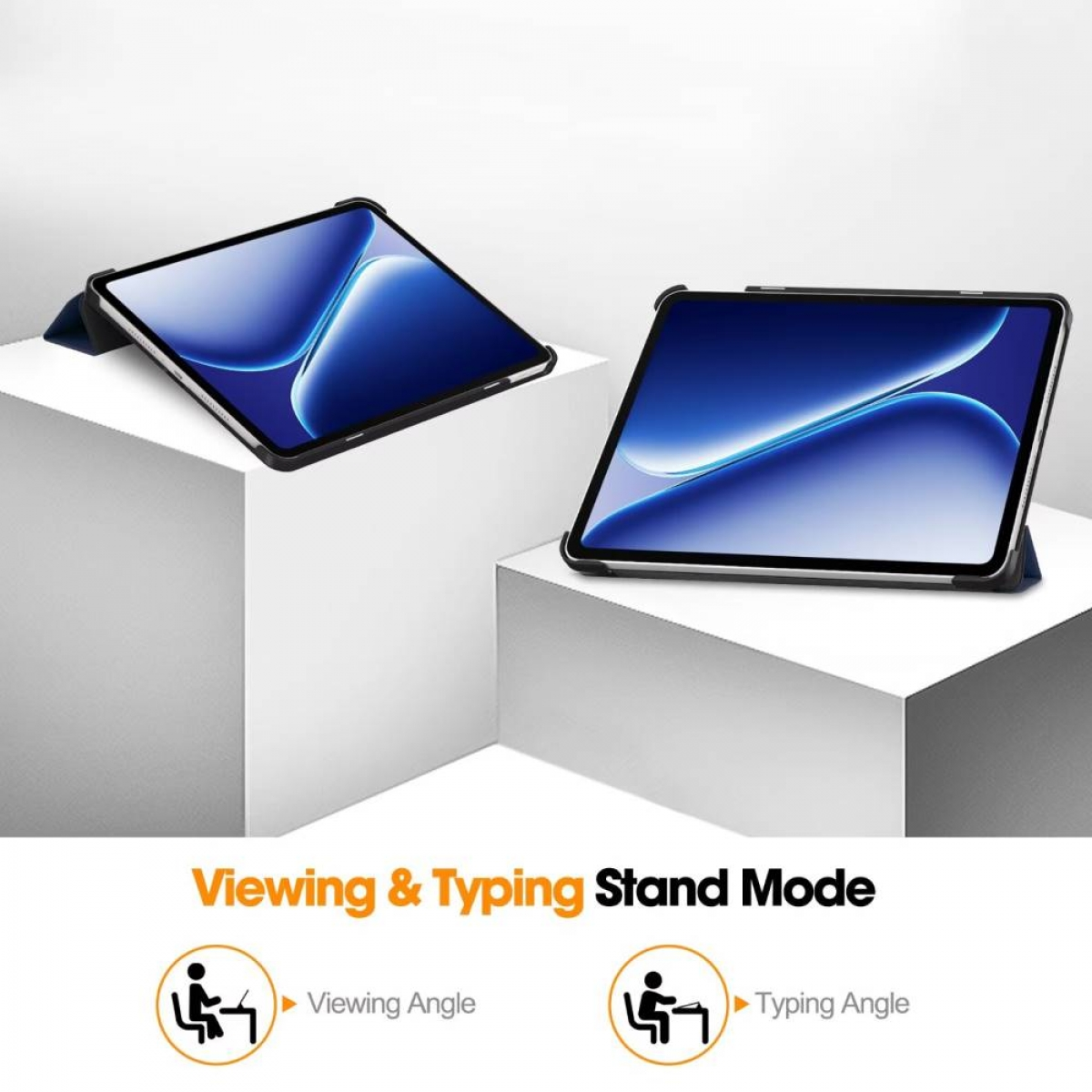 Zwei Tablets in Ständern vor weißem Hintergrund, die Ansichts- und Tippmodi zeigen.
