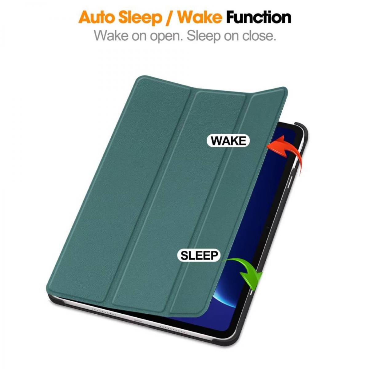 Grüne Tablet Hülle mit "Wake" und "Sleep" Beschriftung.