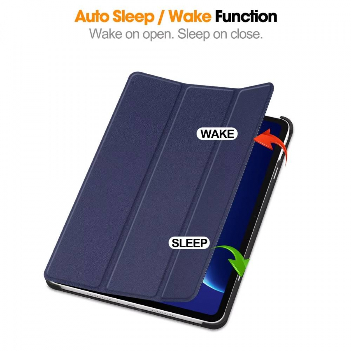 Blaues Tablet Cover mit Text "WAKE" und "SLEEP".