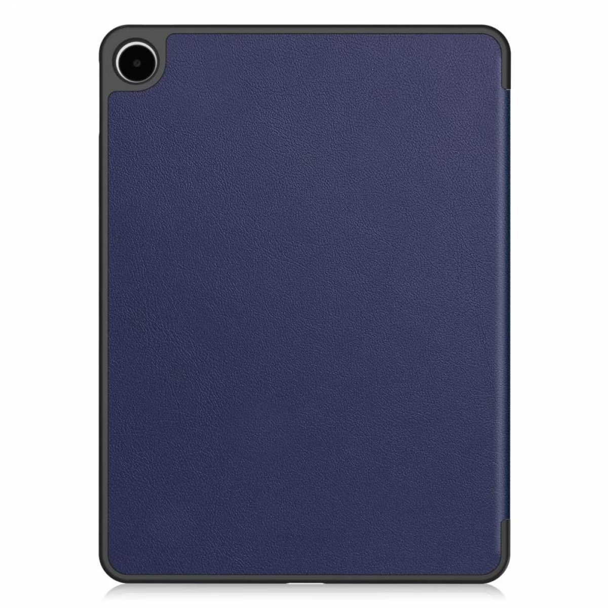 Dunkelblaue Tablet-Hülle mit Kameraloch oben links.