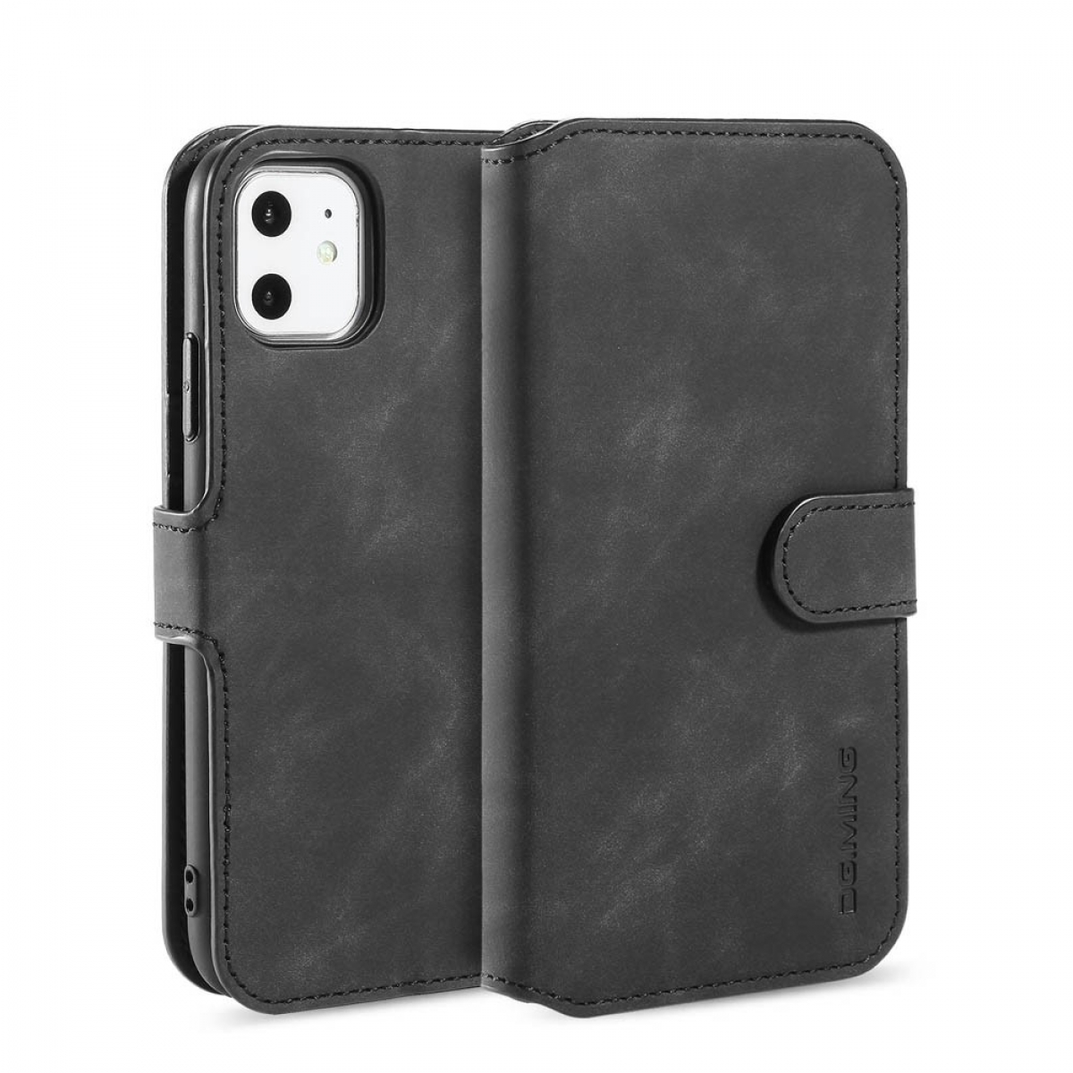 Schwarzes Leder Flip Case für iPhone mit Kamerausschnitt und Magnetverschluss.