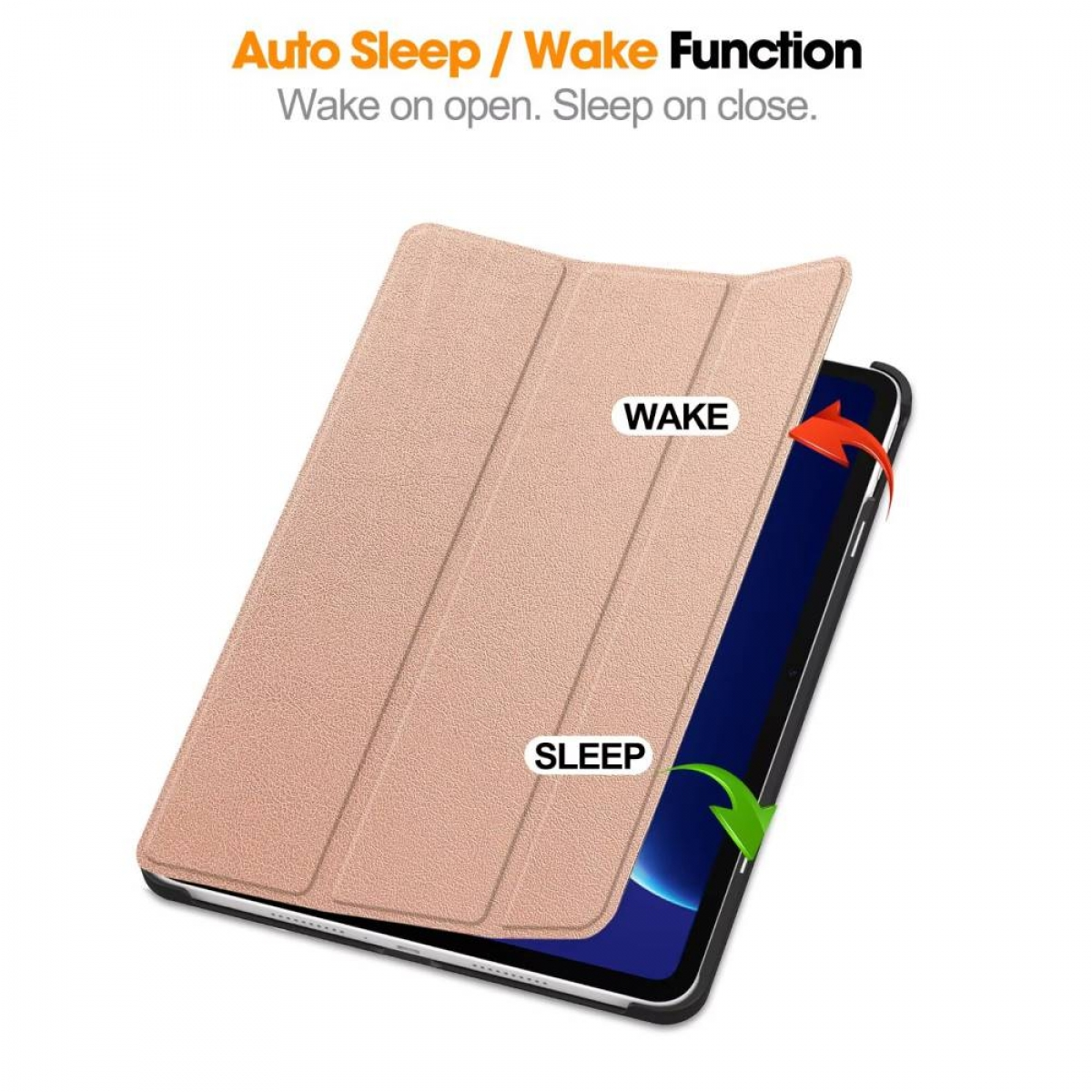 Ein roségoldenes Tablet-Etui mit Auto-Sleep-/Wake-Funktion.