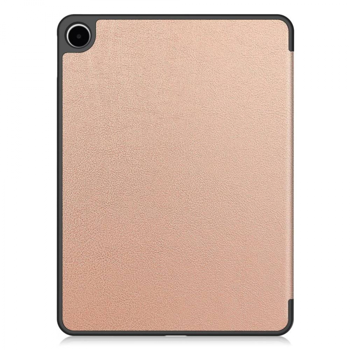 Eine roségoldene Tablet-Hülle mit Kameraaussparung und schwarzem Rand.