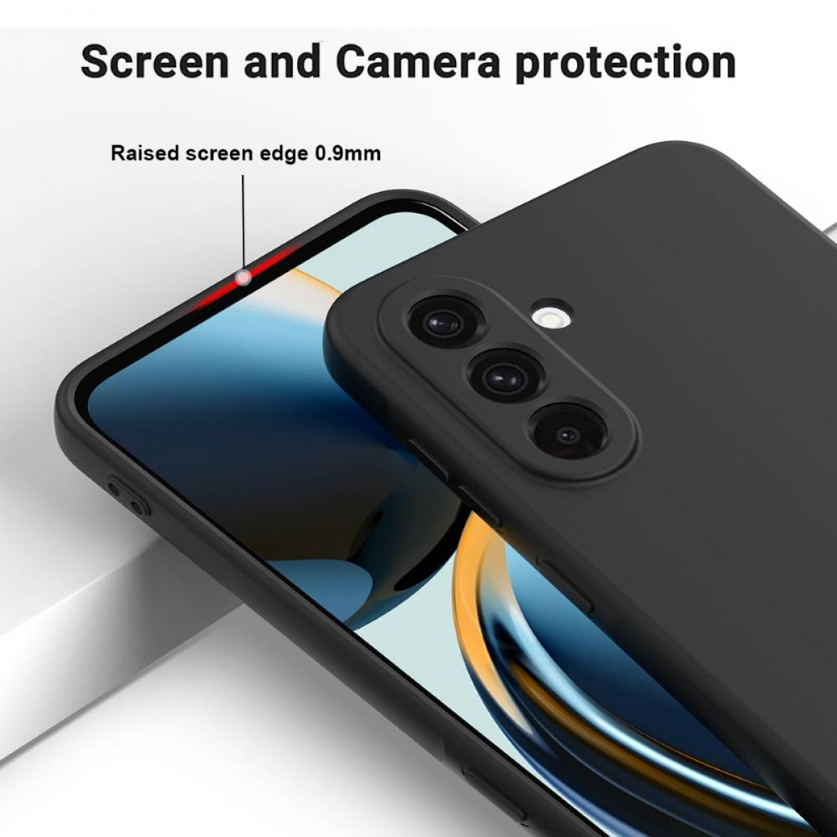 Schwarzes Handy mit erhöhter Kante zum Schutz von Bildschirm und Kamera.