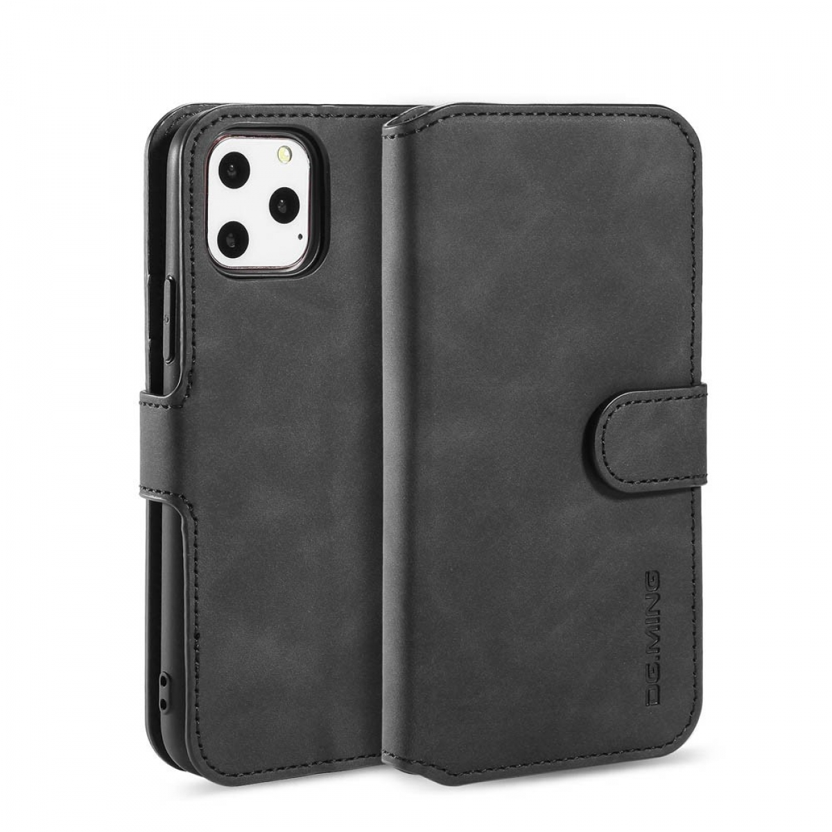 Schwarzes Leder-Flip-Case für ein Smartphone, das auf einer weißen Fläche liegt.